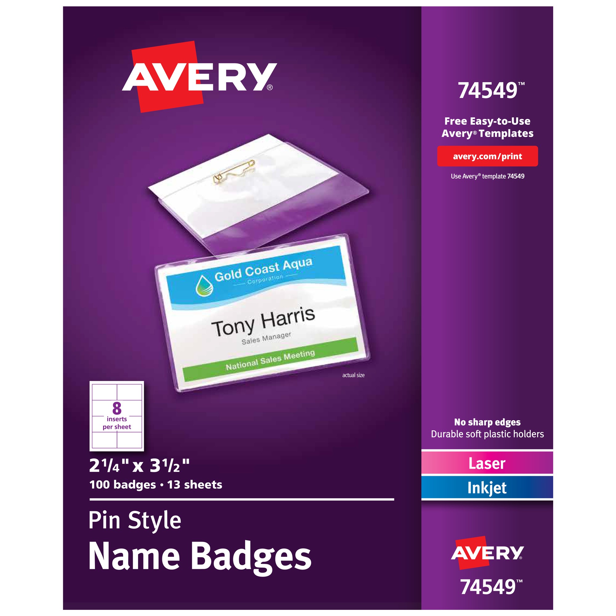 Avery Pin-Style Name Badges - 3 1/2" x 2 1/4" - 100 / Box