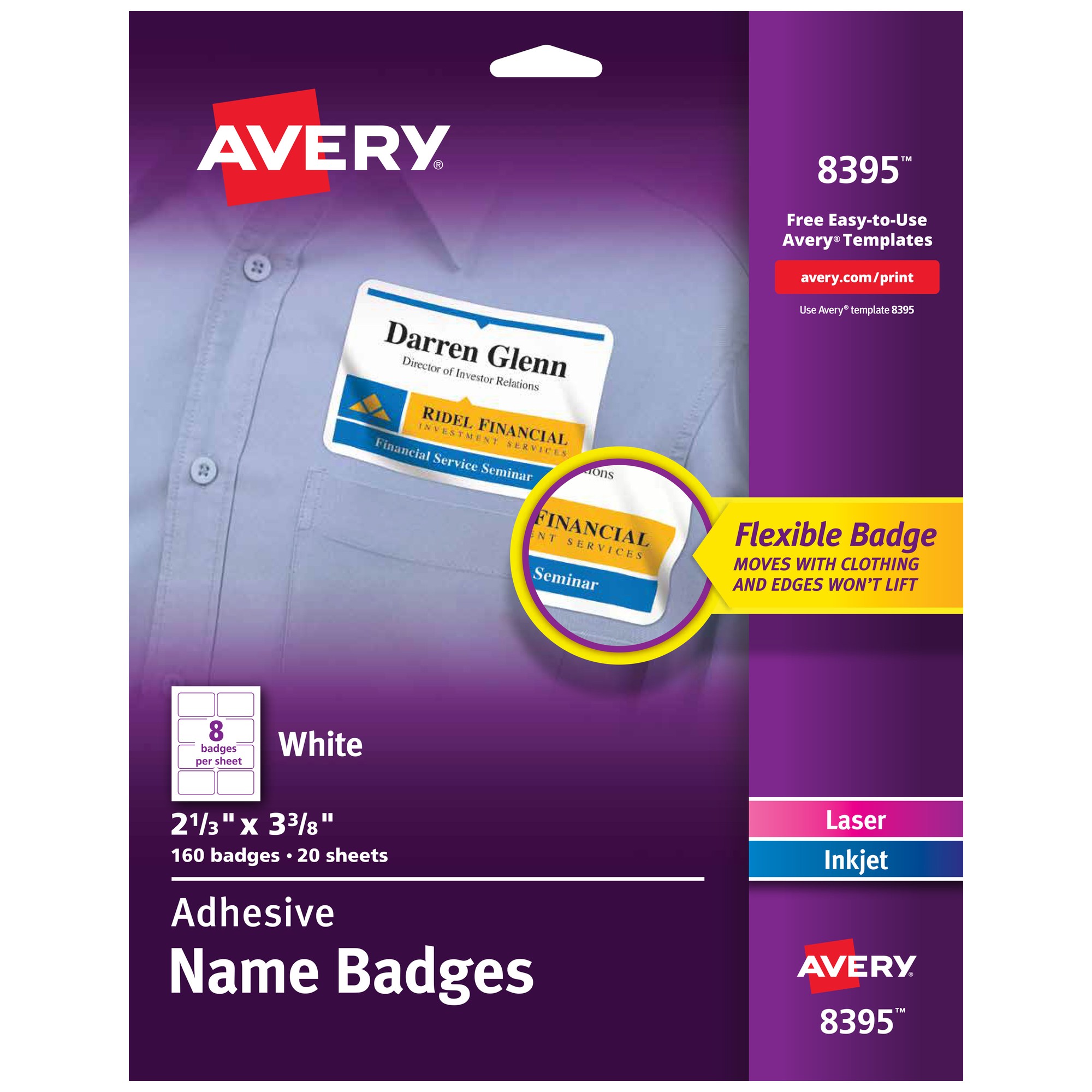 Avery Adhesive Name Badges - 2 21/64" Width x 3 3/8" Length - Removable Adhesive - Rectangle - Laser, Inkjet - White - Film