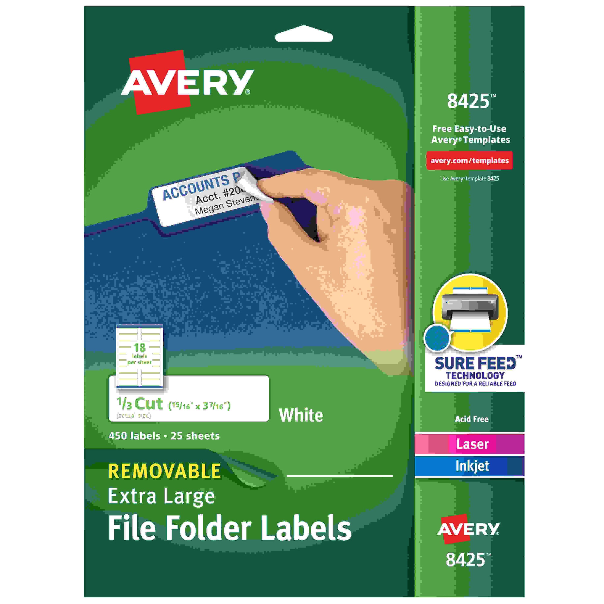 Avery Extra-large TrueBlock Filing Labels - Removable Adhesive - Rectangle - Laser, Inkjet - White - Paper - 18 / Sheet - 2