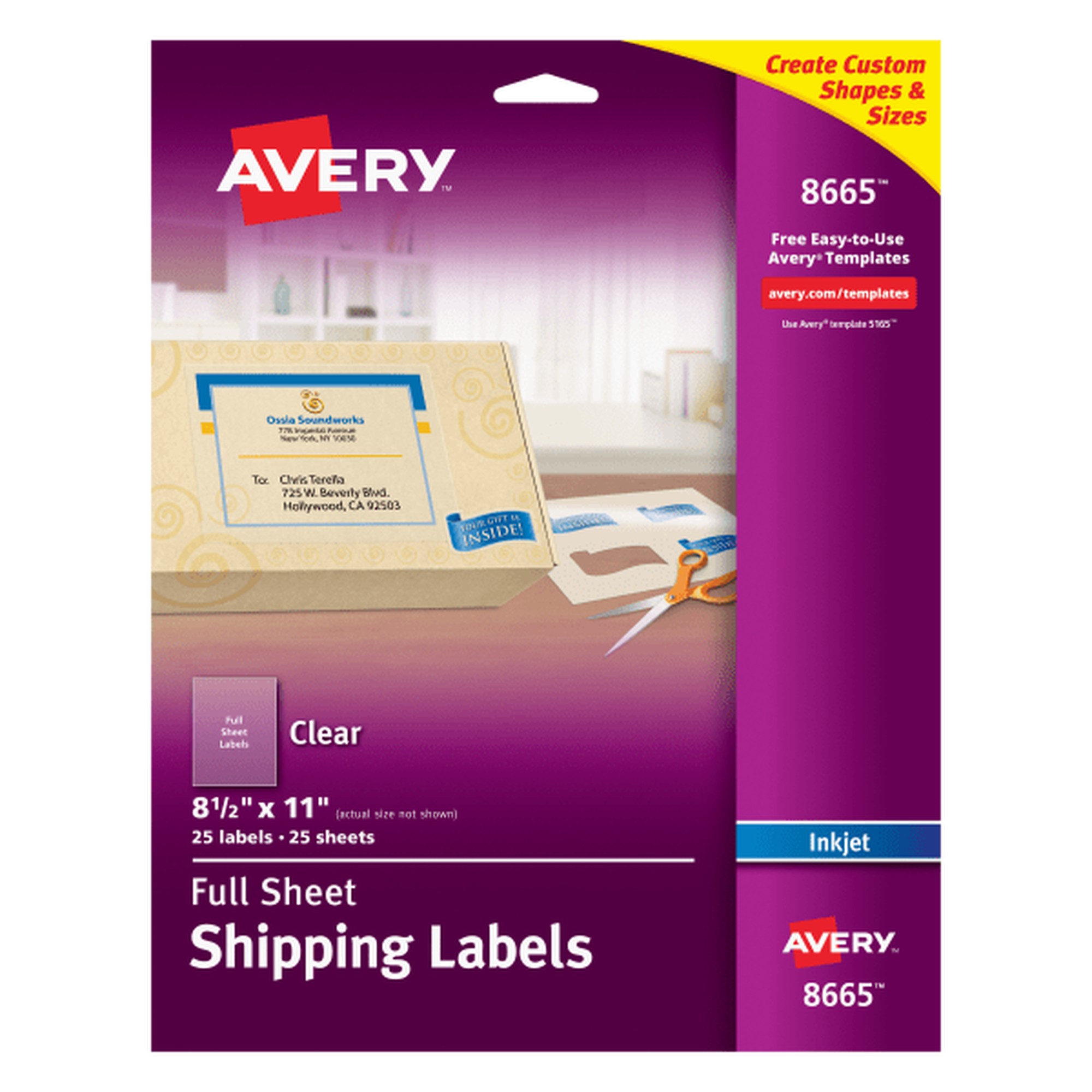Avery Shipping Label - 8 1/2" Width x 11" Length - Permanent Adhesive - Rectangle - Inkjet - Frosted Clear - Film - 1 / She