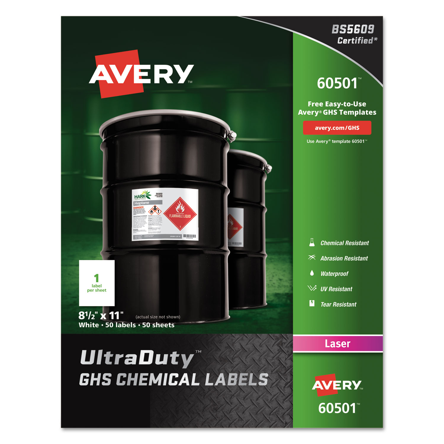 Avery UltraDuty Warning Label - 8 1/2" Width x 11" Length - Permanent Adhesive - Rectangle - Laser - White - Film - 1 / She
