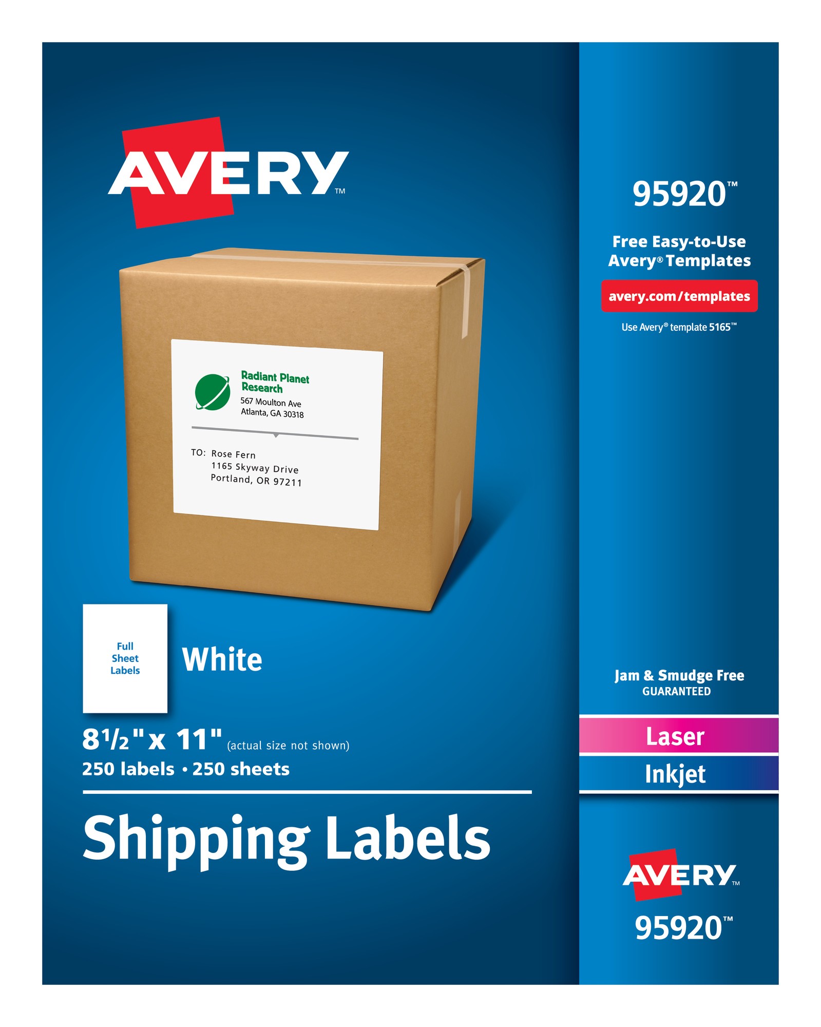 Avery Laser/Inkjet White Shipping Labels - 8 1/2" Width x 11" Length - Permanent Adhesive - Rectangle - Laser, Inkjet - Whi