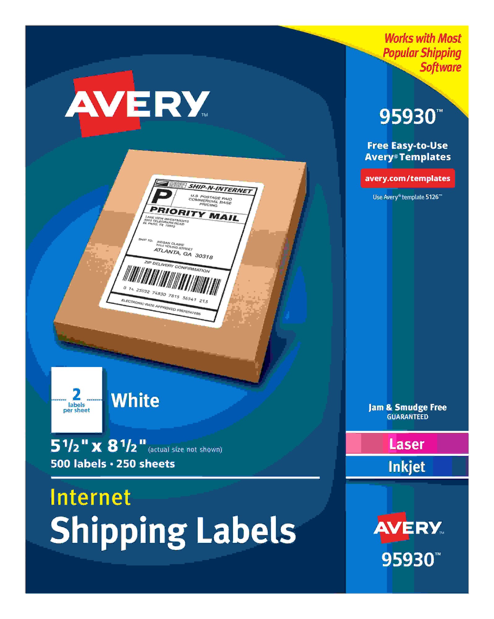 Avery Shipping Label - 5 1/2" Width x 8 1/2" Length - Permanent Adhesive - Rectangle - Laser, Inkjet - White - Paper - 2 / 