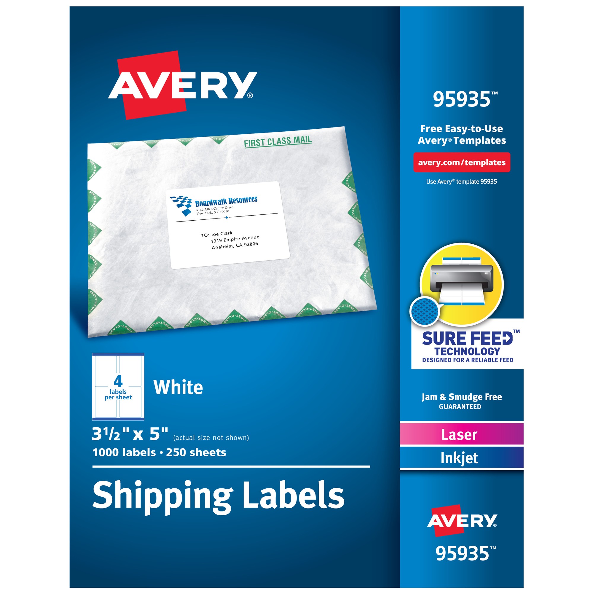 Avery Laser/Inkjet White Shipping Labels - 3 1/2" Width x 5" Length - Permanent Adhesive - Rectangle - Laser, Inkjet - Whit
