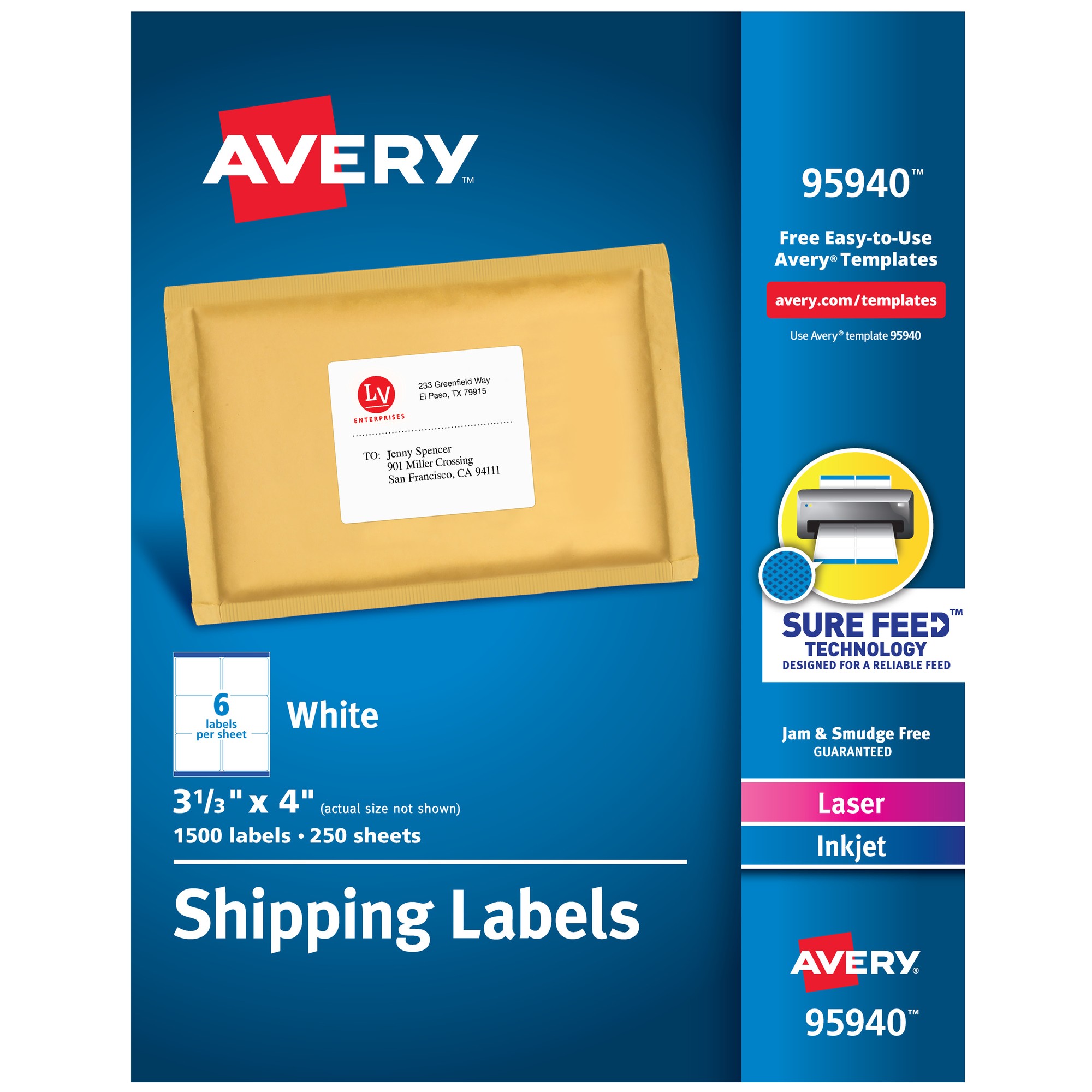 Avery Shipping Labels - Sure Feed Technology - 3 21/64" Width x 4" Length - Permanent Adhesive - Rectangle - Laser, Inkjet 