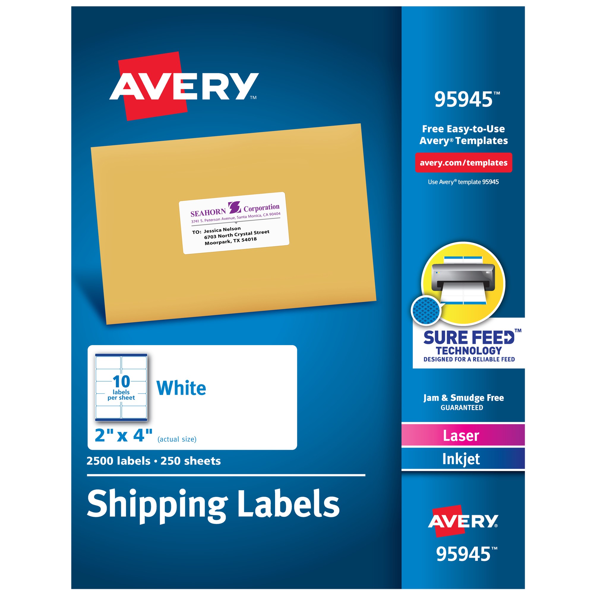 Avery Shipping Labels - Sure Feed Technology - 2" Width x 4" Length - Permanent Adhesive - Rectangle - Laser, Inkjet - Whit
