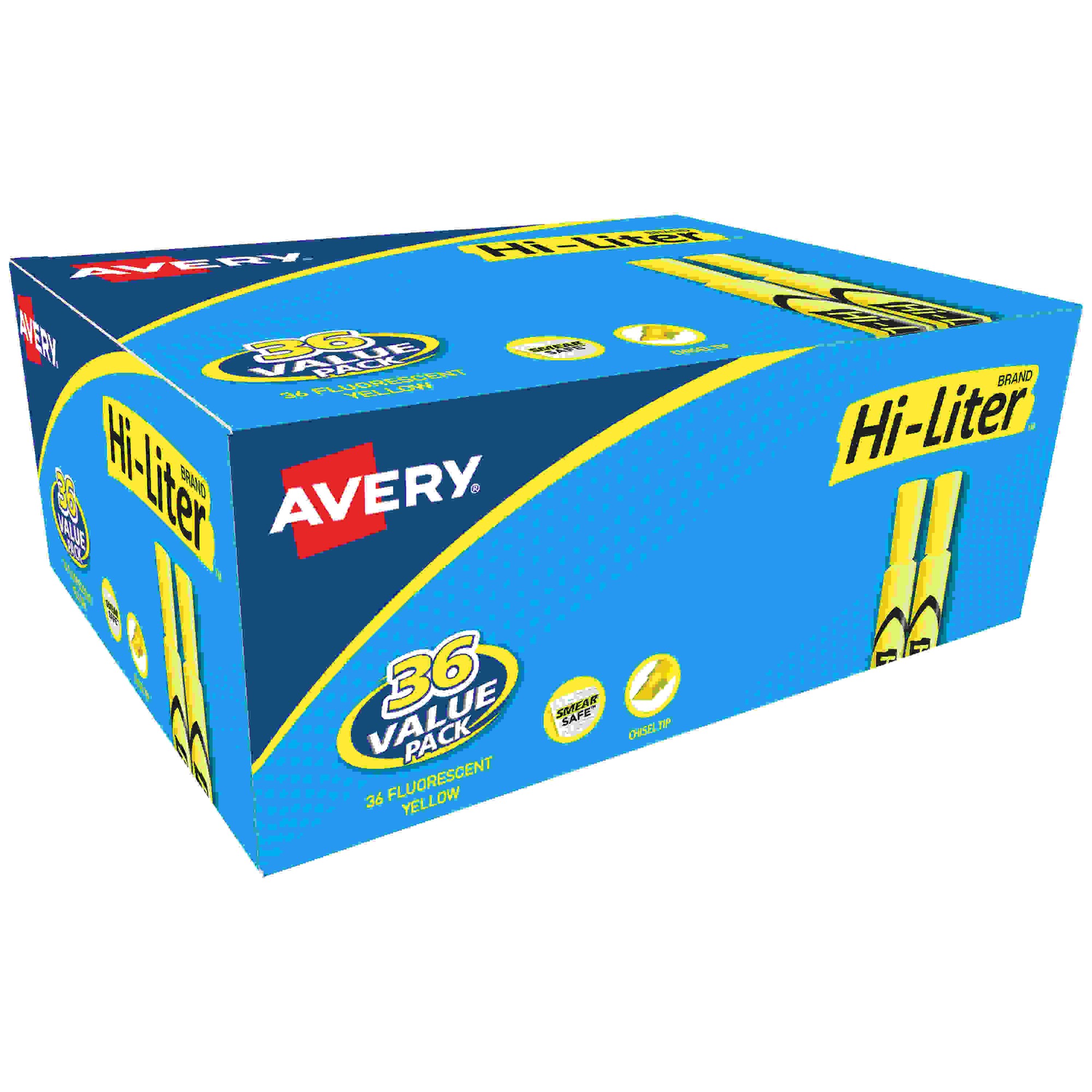 Avery Hi-Liter Desk-Style Highlighters - Chisel Marker Point Style - Fluorescent Yellow Water Based Ink - 36 / Box