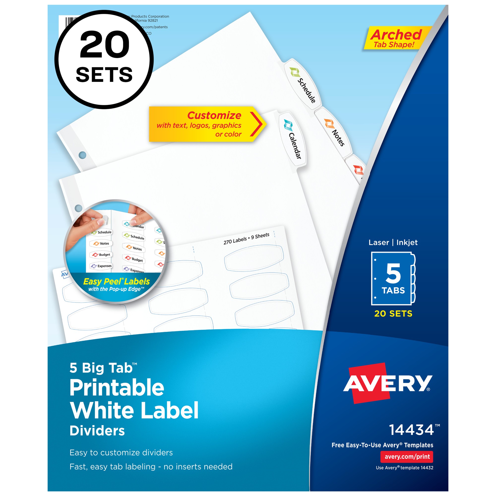 Avery Big Tab Printable White Label Dividers - 100 x Divider(s) - 5 - 5 Tab(s)/Set - 8.5" Divider Width x 11" Divider Lengt