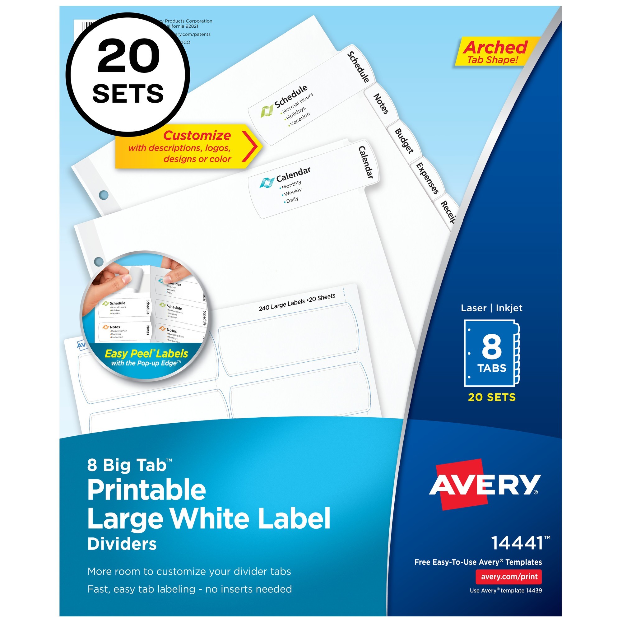 Avery Big Tab Printable Large White Dividers with Easy Peel, 8 Tabs - 160 x Divider(s) - 8 - 8 Tab(s)/Set - 8.5" Divider Wi