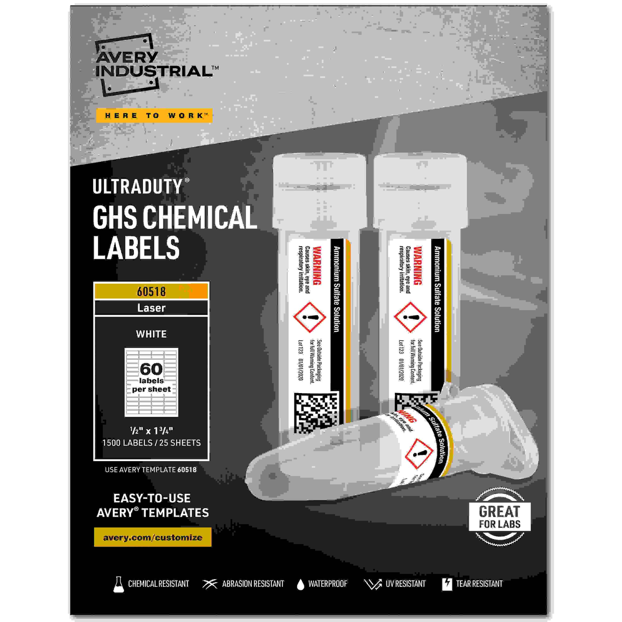 Avery UltraDuty Chemical Label - 1/2" Width x 1 3/4" Length - Permanent Adhesive - Rectangle - Laser - White - Film - 60 / 