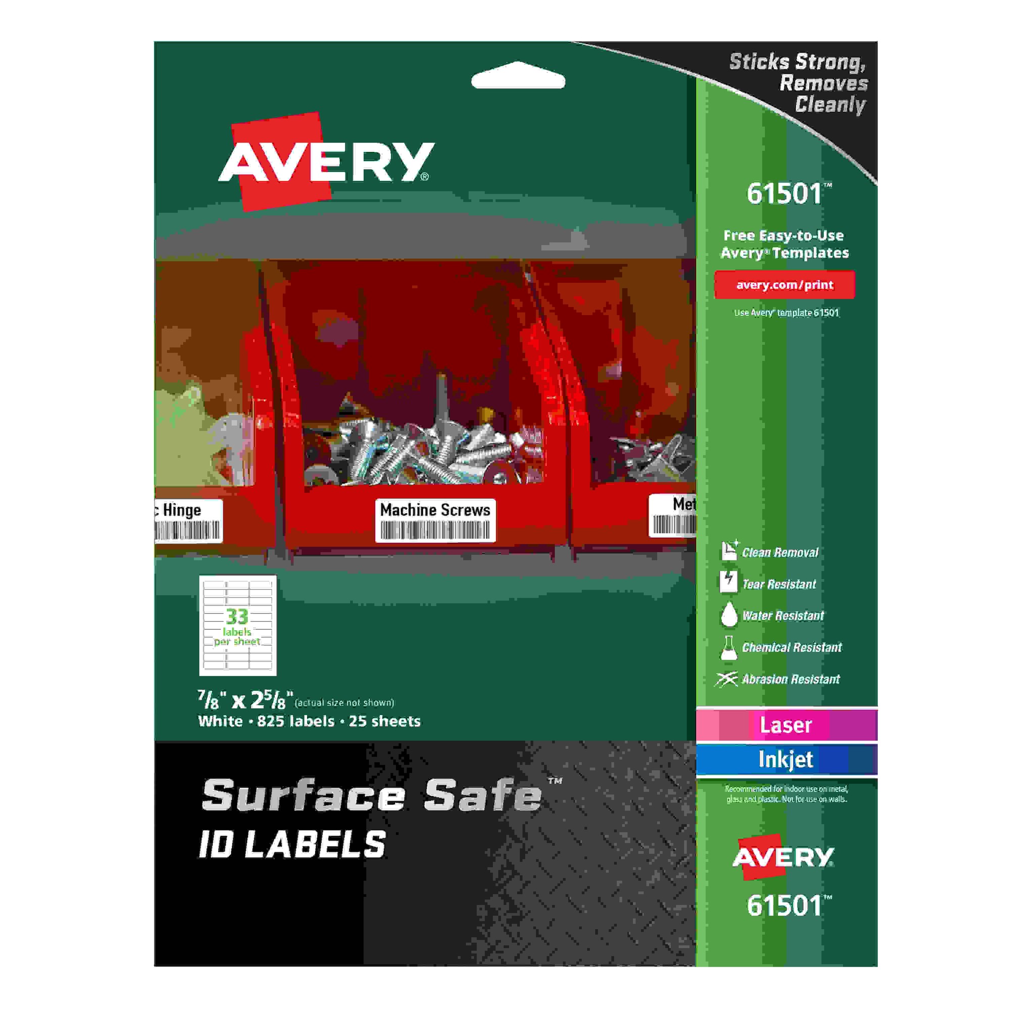 Avery Surface Safe ID Label - 7/8" Width x 2 5/8" Length - Removable Adhesive - Rectangle - Laser, Inkjet - White - Film - 