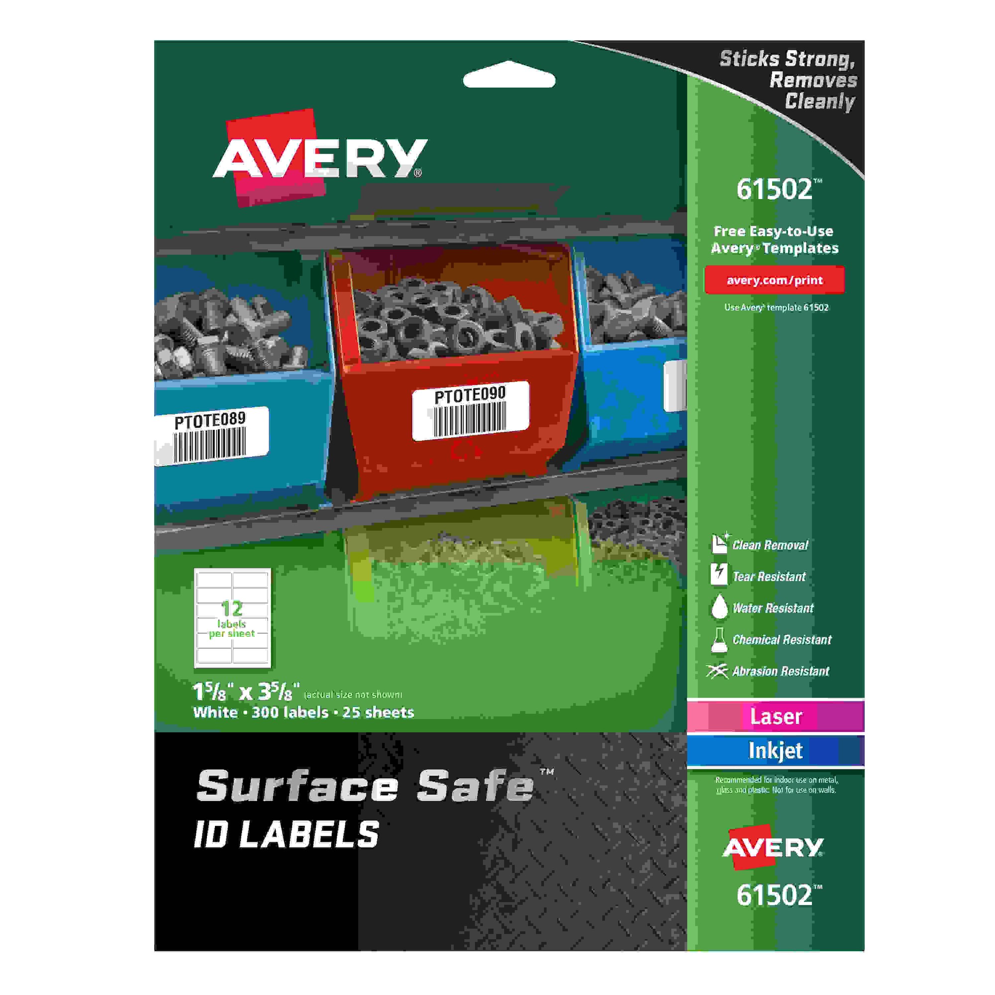 Avery Surface Safe ID Label - 1 5/8" Width x 3 5/8" Length - Removable Adhesive - Rectangle - Laser, Inkjet - White - Film 
