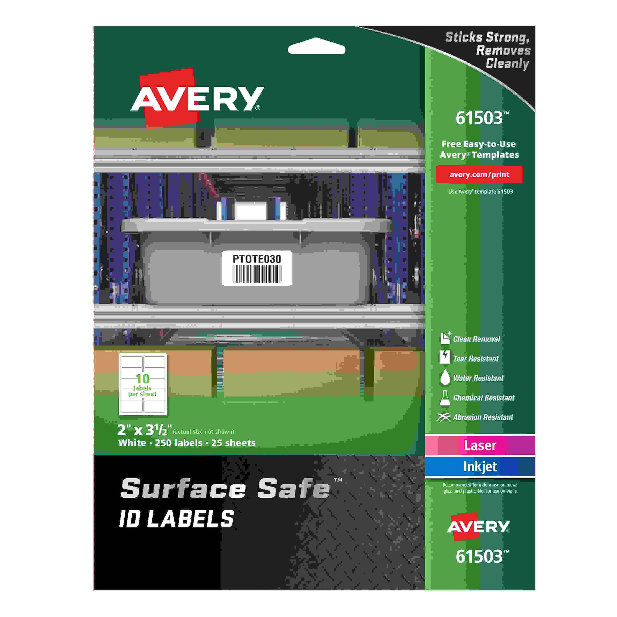 Avery Surface Safe ID Label - 2" Width x 3 1/2" Length - Removable Adhesive - Rectangle - Laser, Inkjet - White - Film - 10