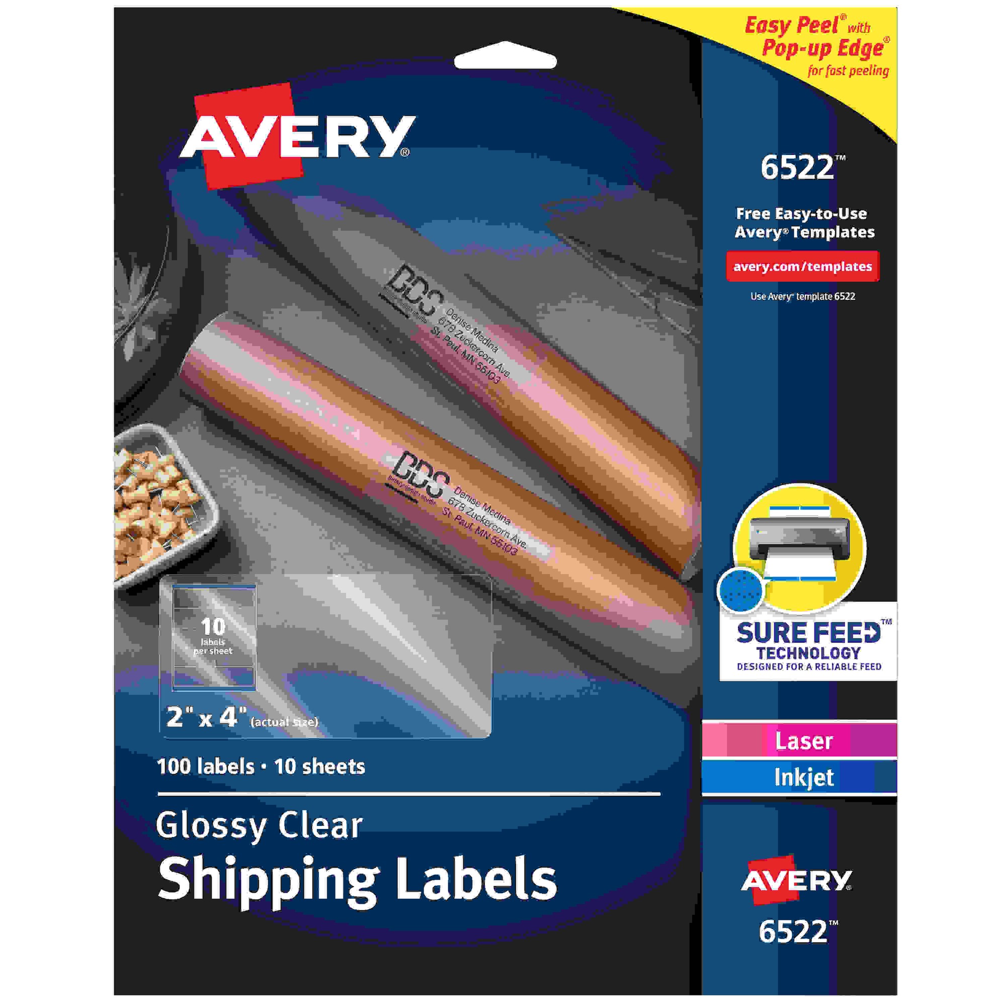 Avery Easy Peel High Gloss Clear Mailing Labels - 2" Width x 4" Length - Permanent Adhesive - Rectangle - Laser, Inkjet - C