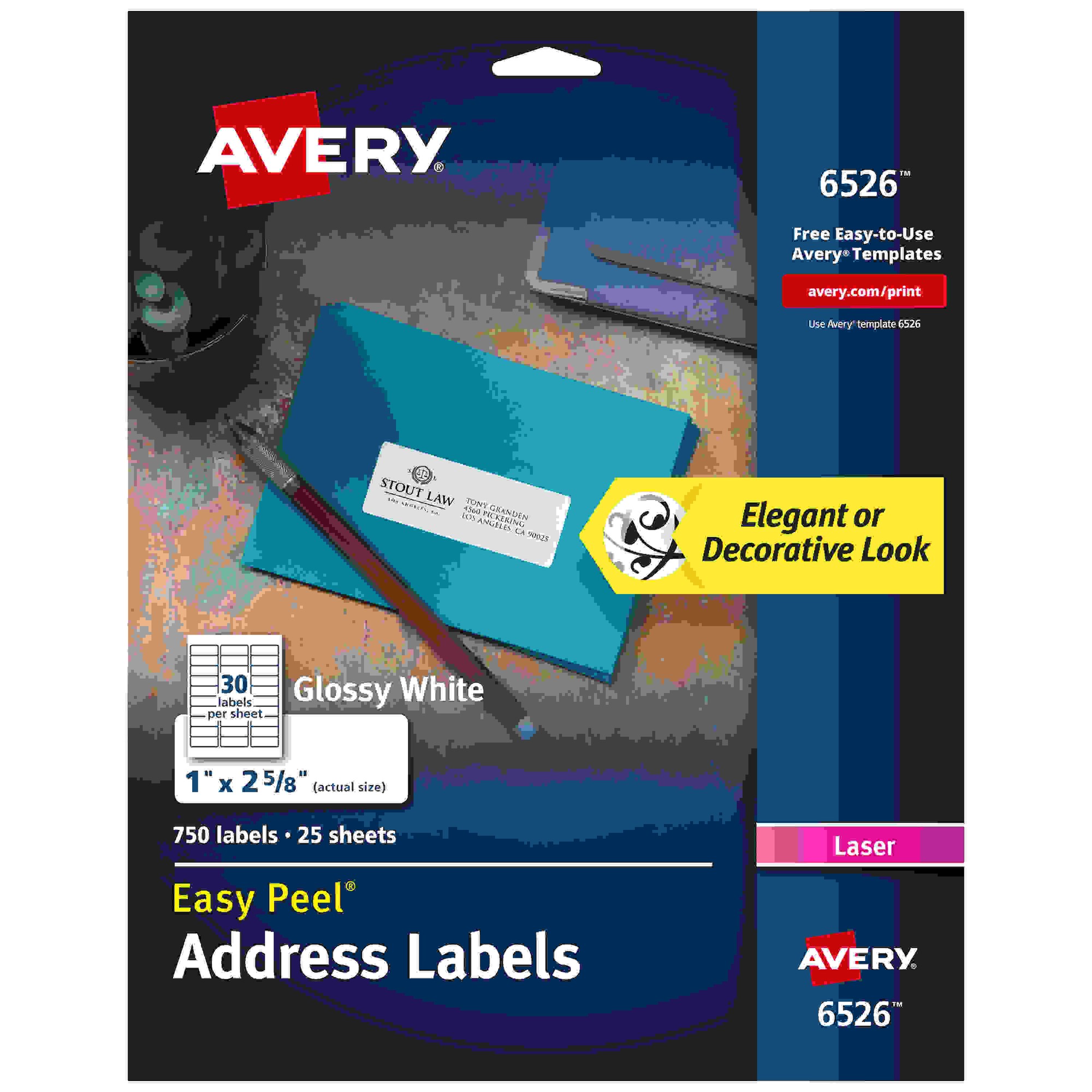 Avery Easy Peel High Gloss White Mailing Labels - 1" Width x 2 5/8" Length - Permanent Adhesive - Rectangle - Laser - White