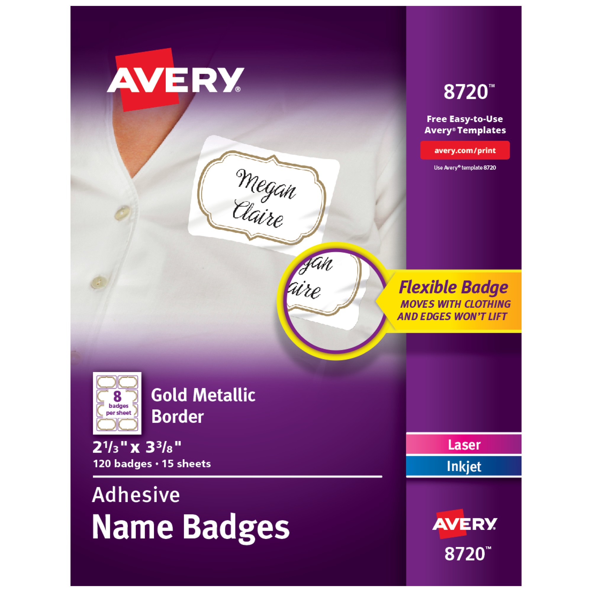 Avery Self-Adhesive Removable Name Tag Labels with Gold Metallic Border - 120 / Pack - 2.33" Holding Width x 3.38" Holding 