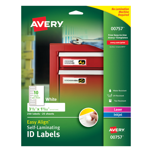Avery Easy Align ID Label - 1 1/32" Width x 3 1/2" Length - Permanent Adhesive - Rectangle - Laser, Inkjet - White - Film