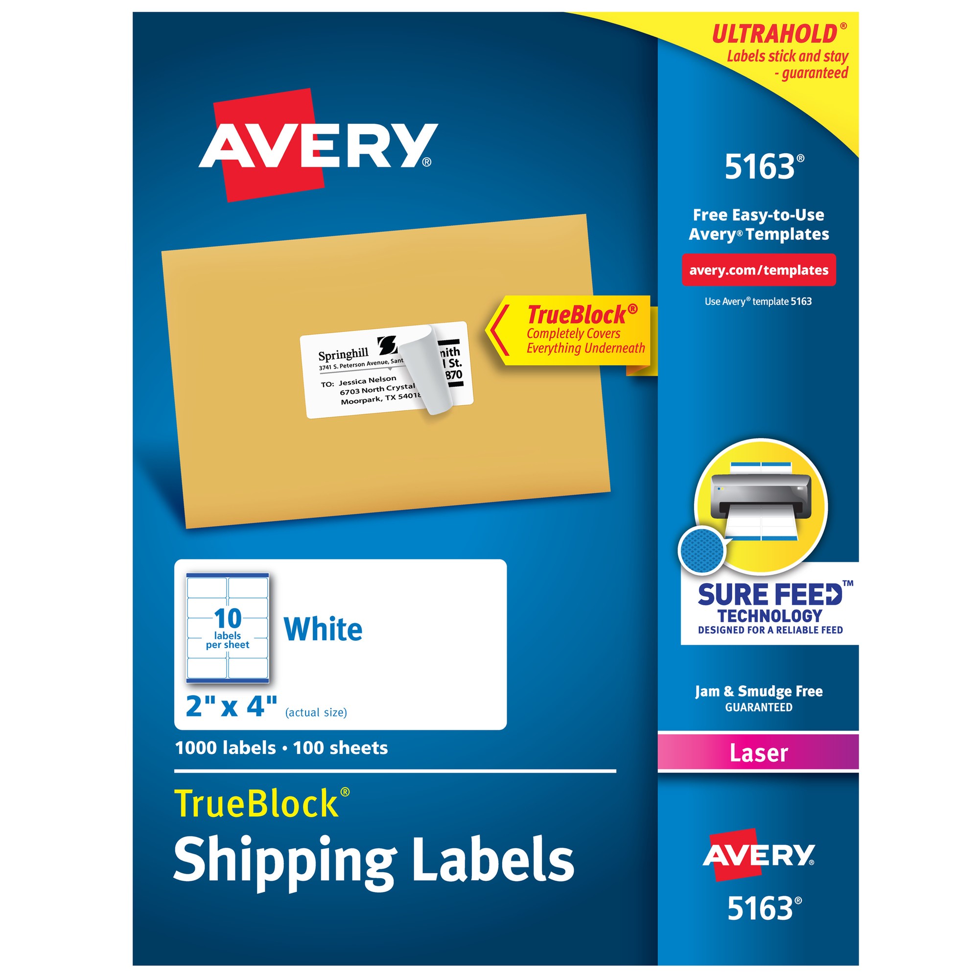 Avery Easy Peel White Shipping Labels - 2" Width x 4" Length - Permanent Adhesive - Rectangle - Laser - White - Paper - 10 