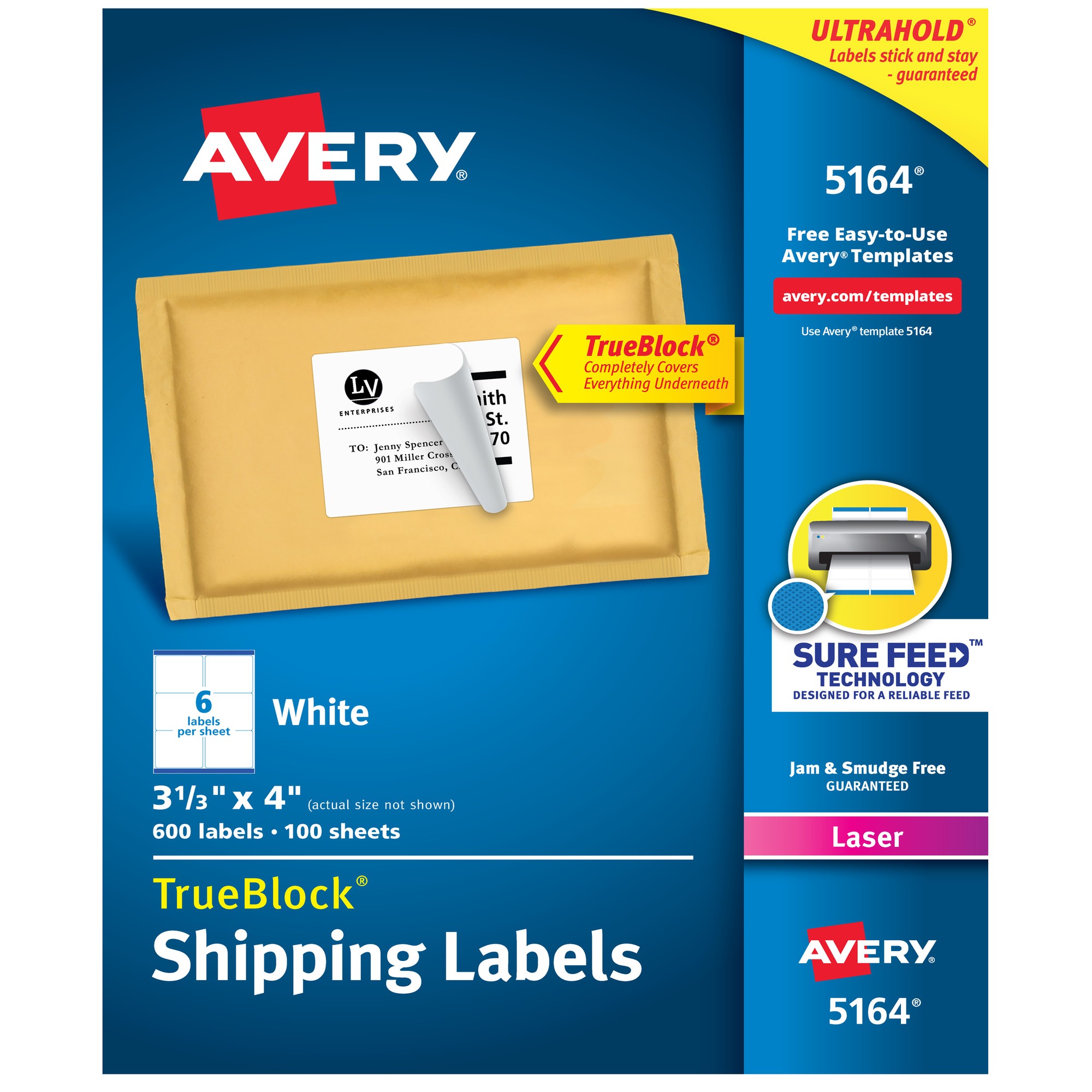 Avery Easy Peel White Shipping Labels - 3 21/64" Width x 4" Length - Permanent Adhesive - Rectangle - Laser - White - Paper