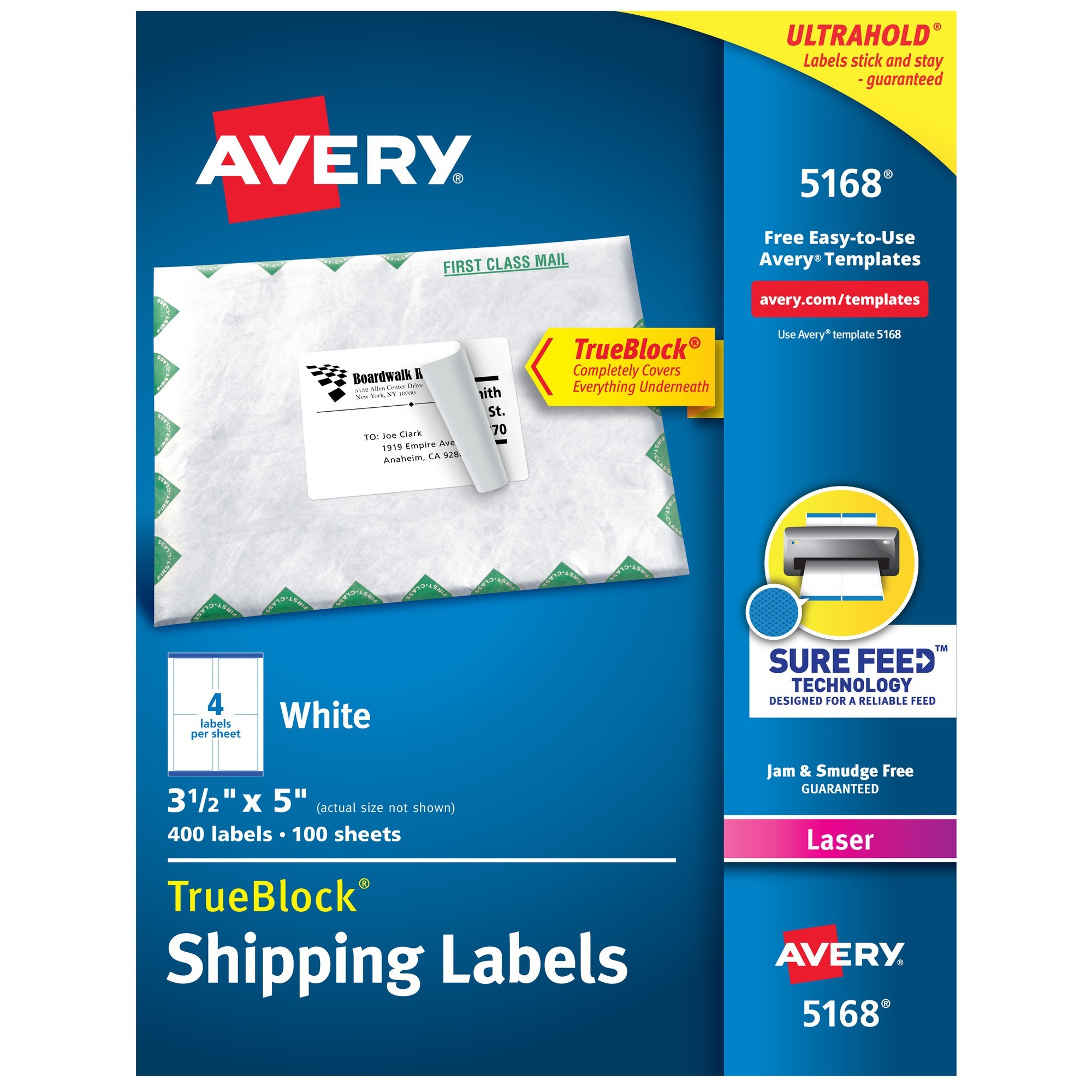 Avery Easy Peel White Shipping Labels - 3 1/2" Width x 5" Length - Permanent Adhesive - Rectangle - Laser - White - Paper -