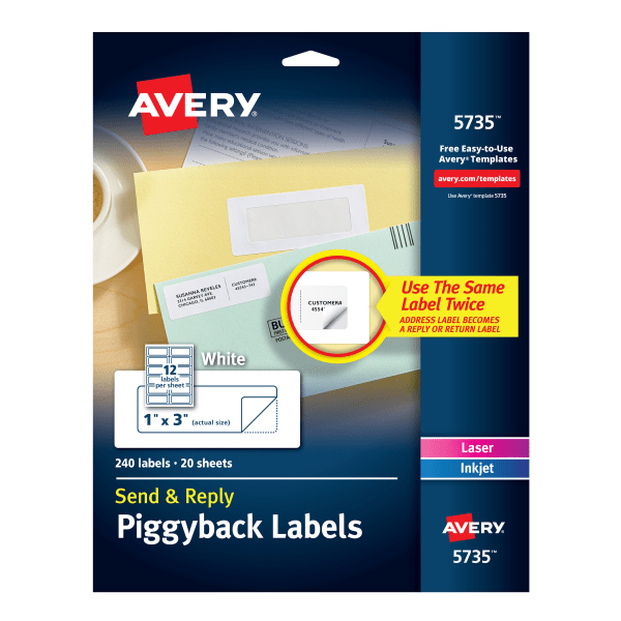 Avery Send & Reply Piggyback Labels - 1" Width x 3" Length - Permanent Adhesive - Rectangle - Laser, Inkjet - White - Paper