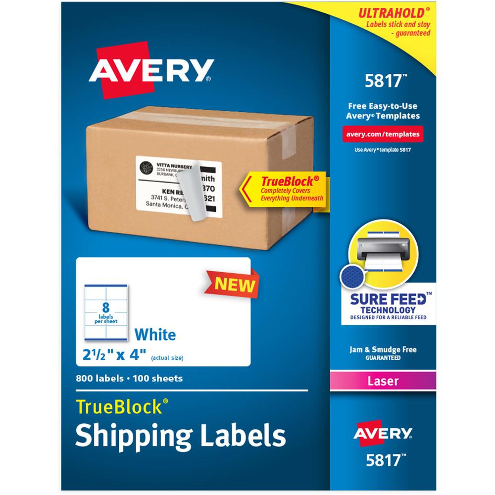 Avery TrueBlock Shipping Labels - 2 1/2" Width x 4" Length - Permanent Adhesive - Laser - White - Paper - 8 / Sheet - 100 T