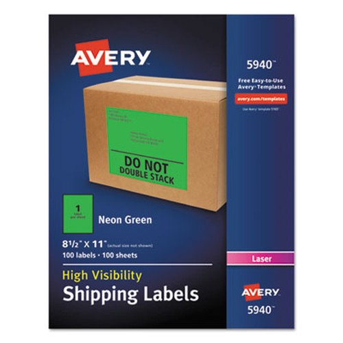 Avery High Visibility Neon Shipping Labels - 8 1/2" Width x 11" Length - Permanent Adhesive - Rectangle - Laser - Neon Gree