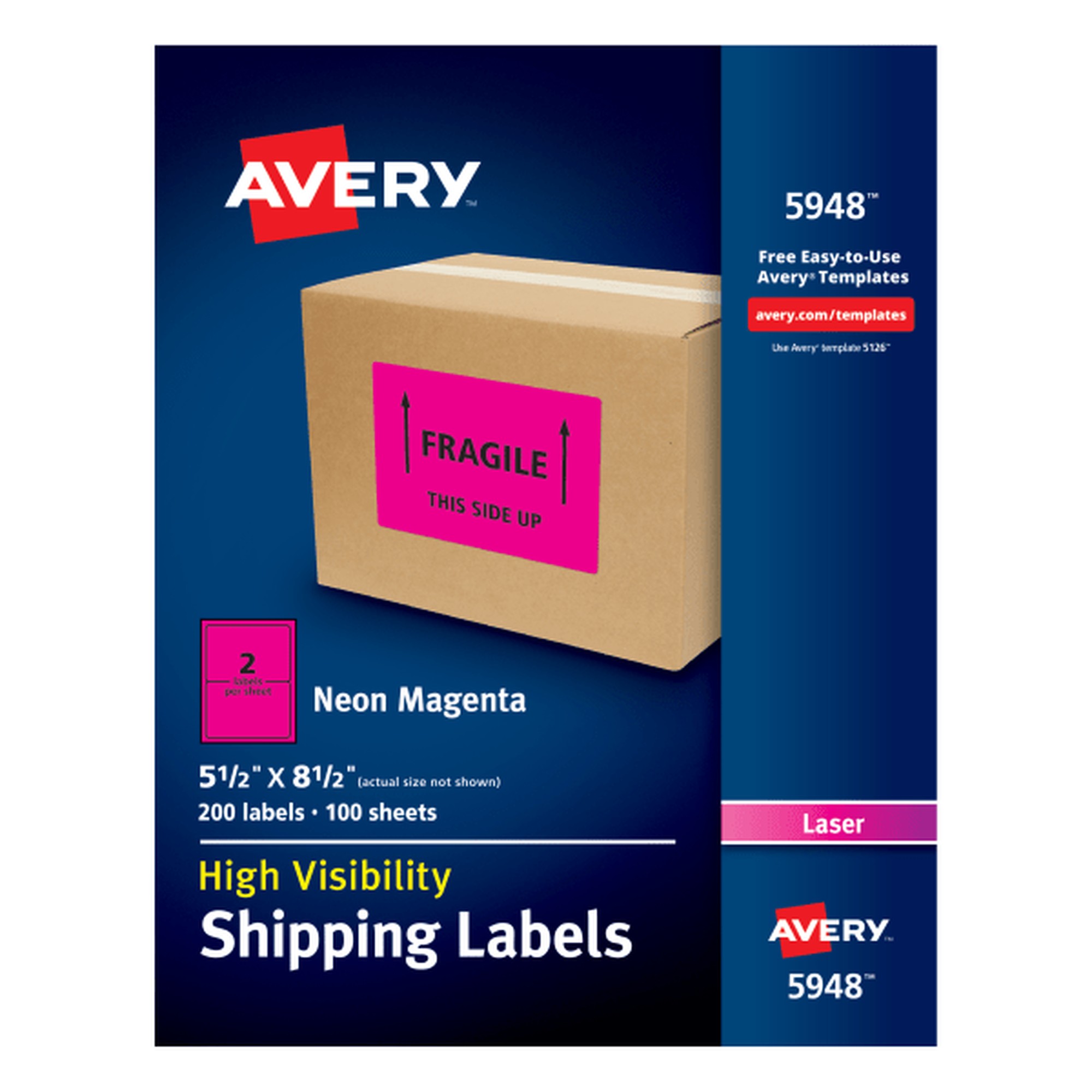 Avery High Visibility Neon Shipping Labels - 5 1/2" Width x 8 1/2" Length - Permanent Adhesive - Rectangle - Laser - Neon M