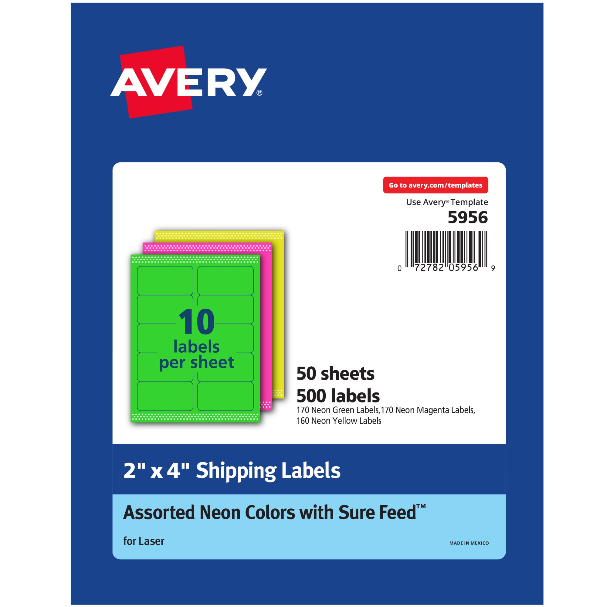 Avery High Visibility Neon Shipping Labels - 2" Width x 4" Length - Permanent Adhesive - Rectangle - Laser - Neon Magenta