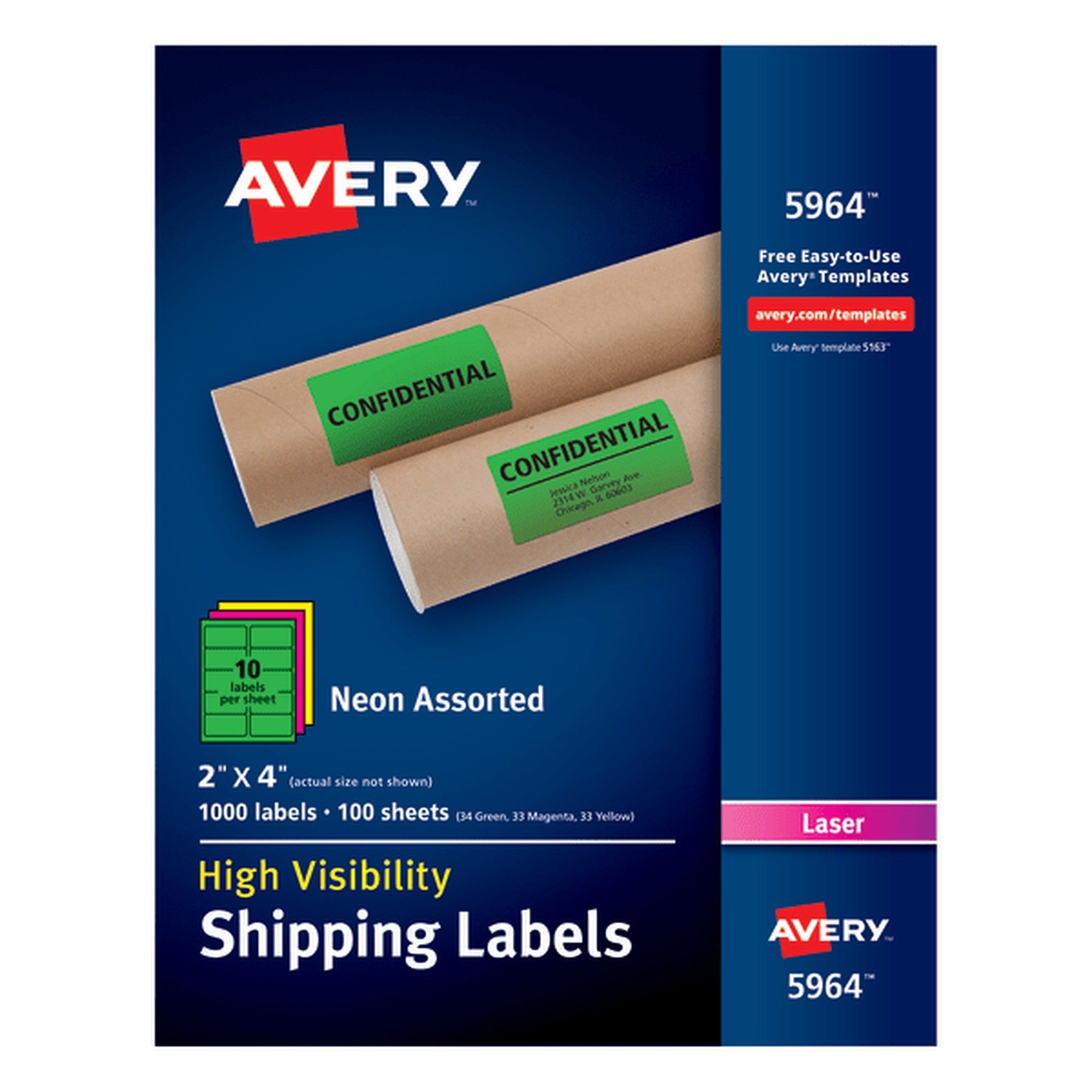 Avery High Visibility Neon Shipping Labels - 2" Width x 4" Length - Permanent Adhesive - Rectangle - Laser - Neon Magenta