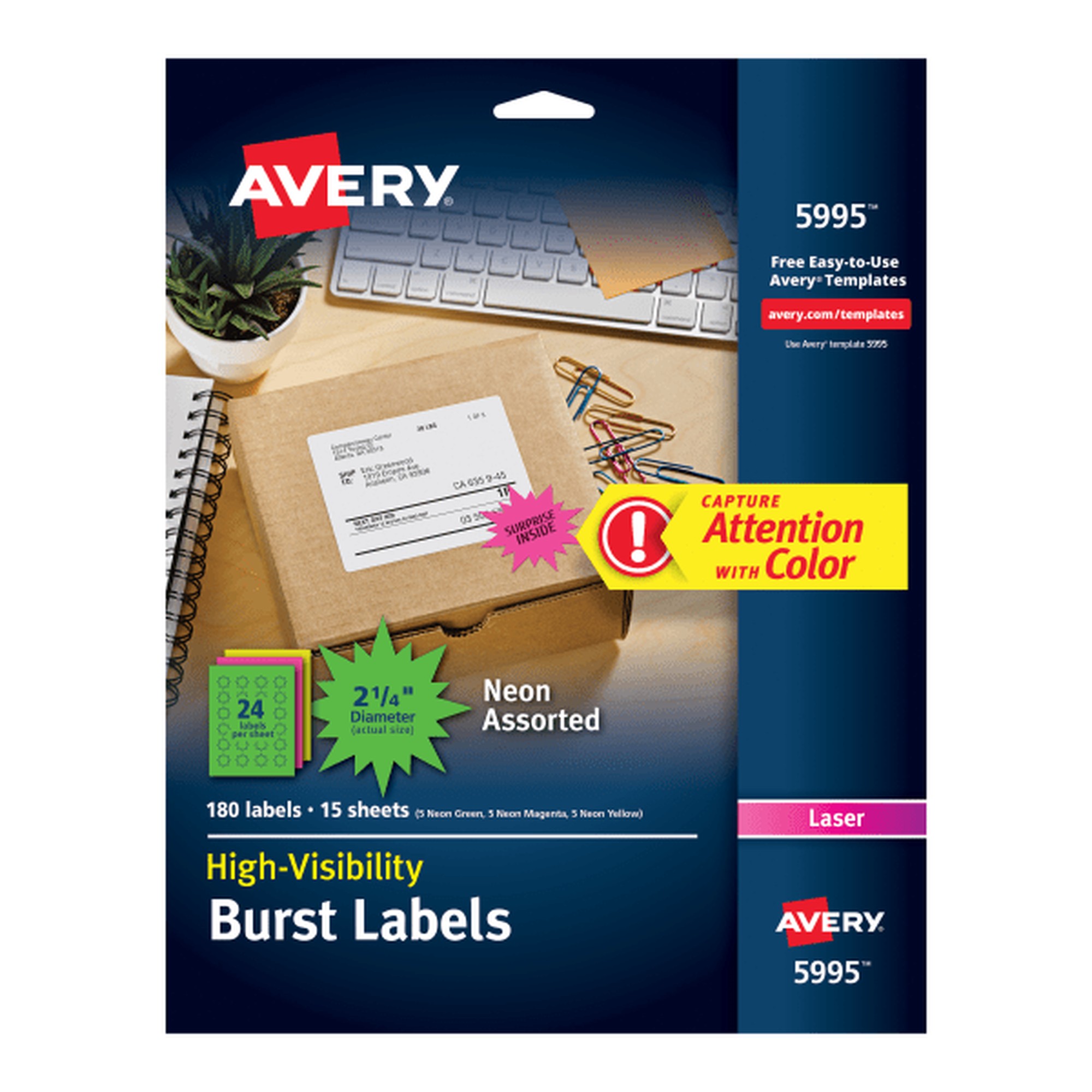 Avery Neon Burst Labels - 2 1/4" Diameter - Permanent Adhesive - Burst - Laser - Neon Magenta, Neon Green, Neon Yellow - Pa