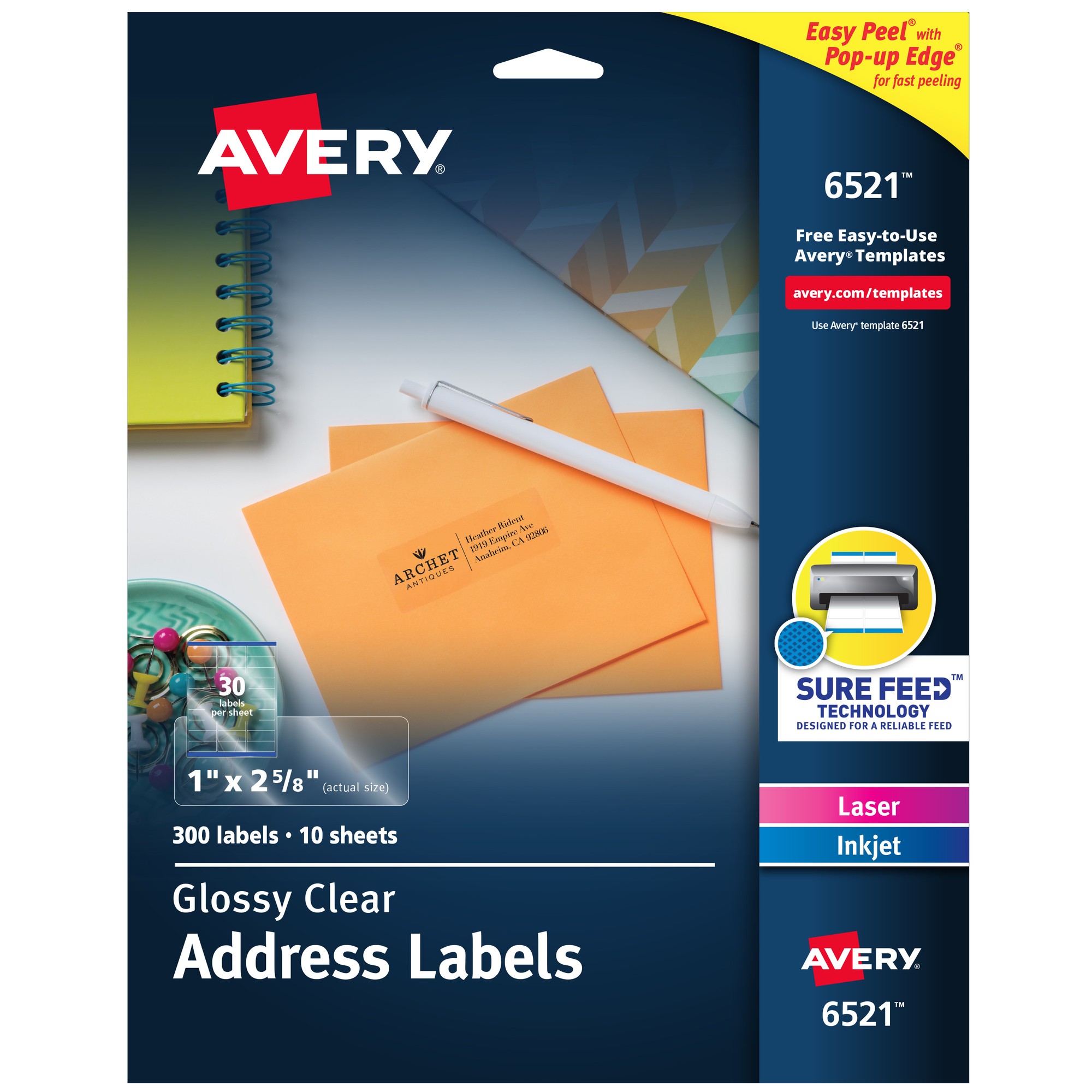 Avery Easy Peel High Gloss Clear Mailing Labels - 1" Width x 2 5/8" Length - Permanent Adhesive - Rectangle - Laser, Inkjet