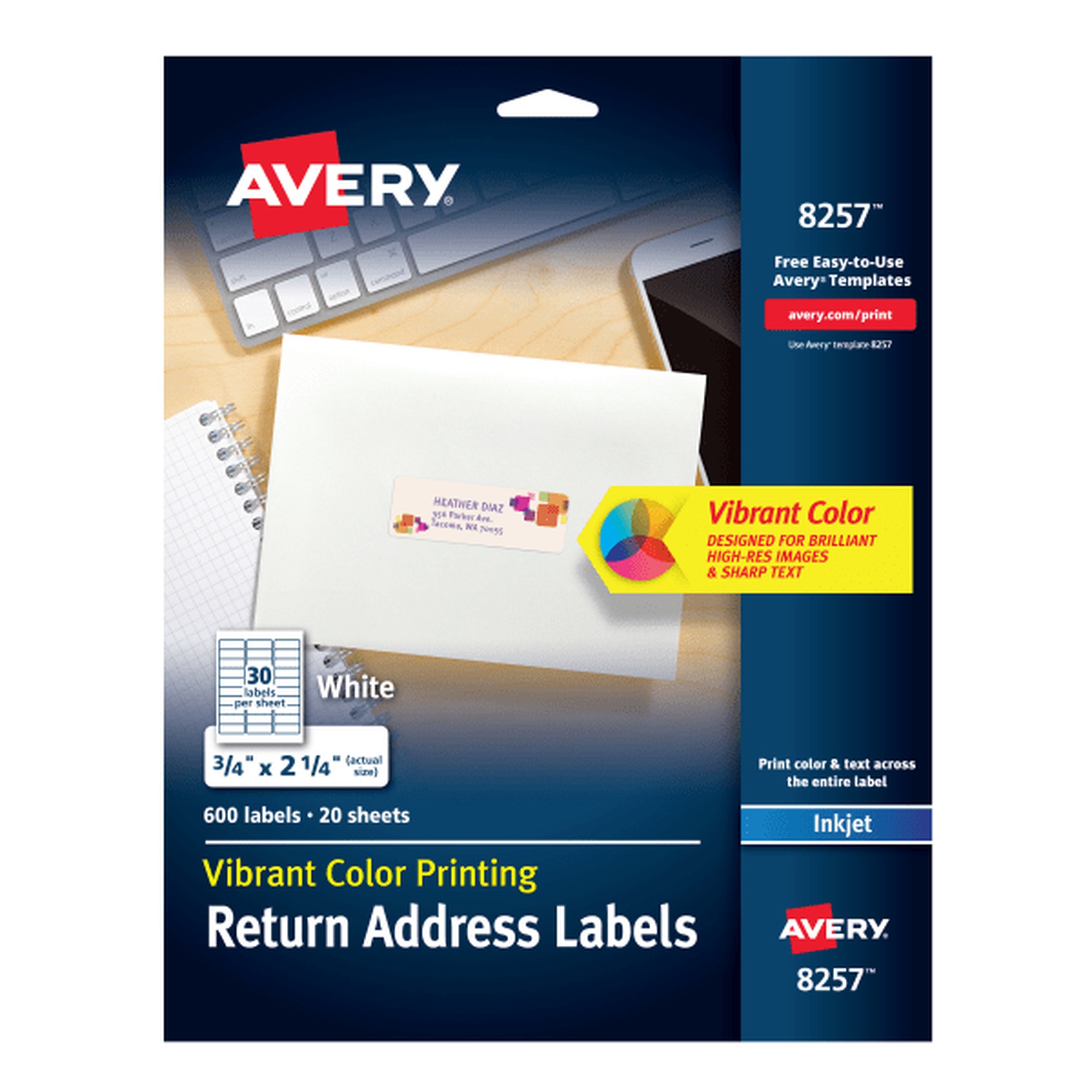 Avery® White Return Address Labels, Sure Feed, 3/4" x 2-1/4" , 600 Labels (8257) - 3/4" Width x 2 1/4" Length - Permanent