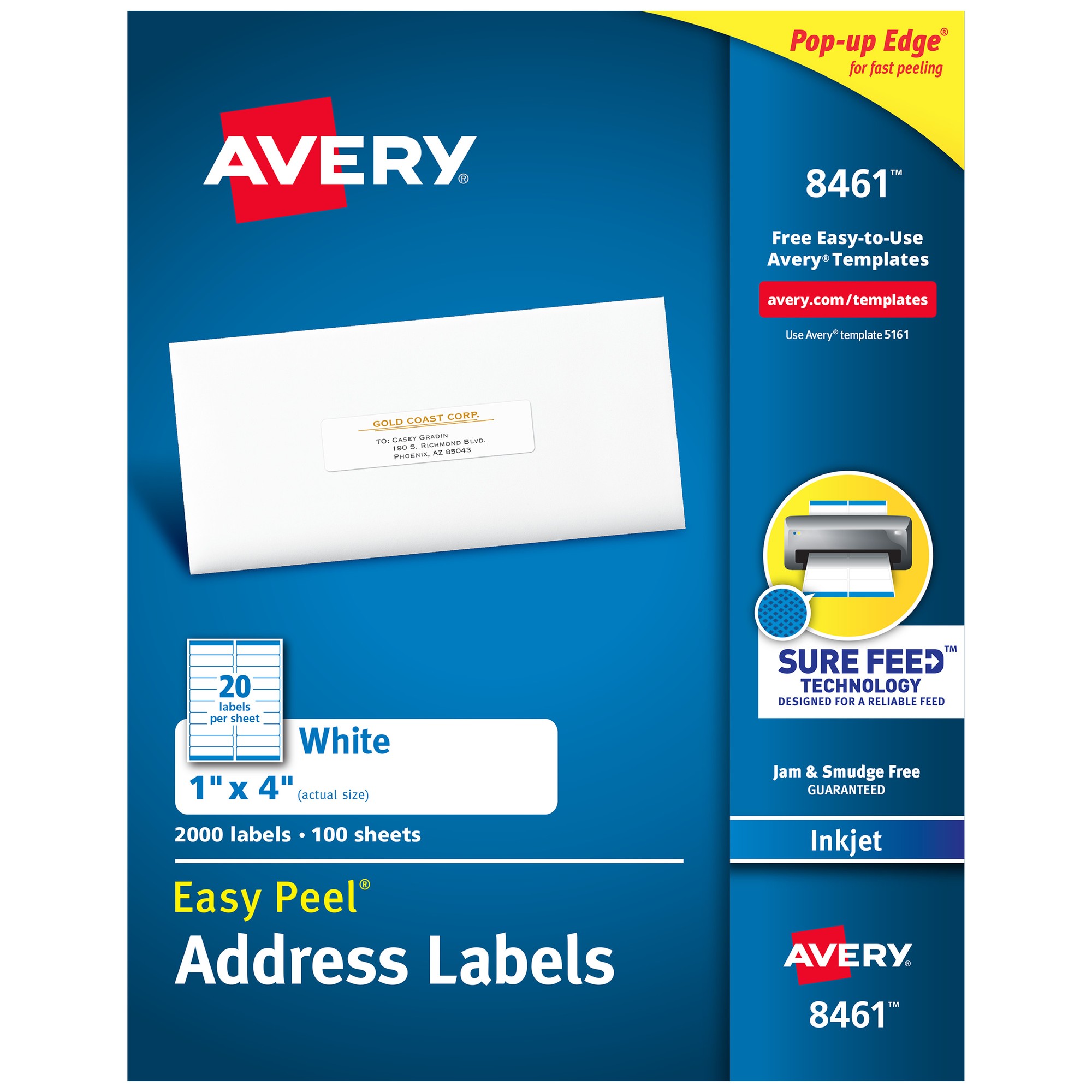 Avery Easy Peel White Inkjet Mailing Labels - 1" Width x 4" Length - Permanent Adhesive - Rectangle - Inkjet - White - Pape