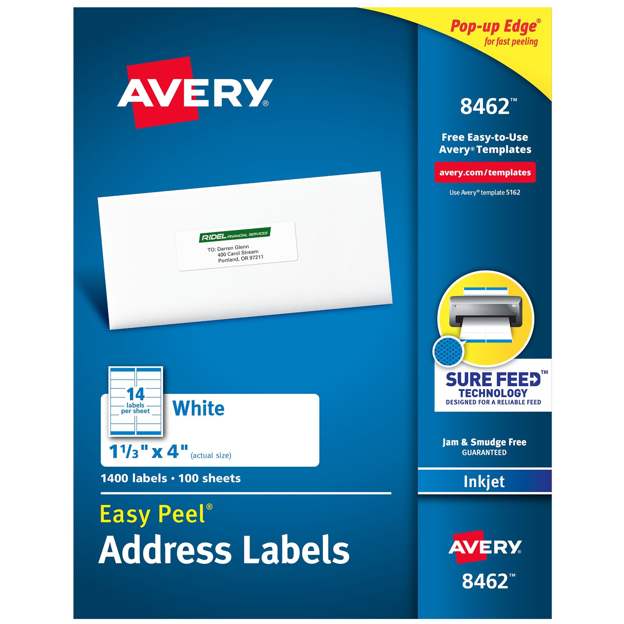 Avery Easy Peel White Inkjet Mailing Labels - 1 21/64" Width x 4" Length - Permanent Adhesive - Rectangle - Inkjet - White 