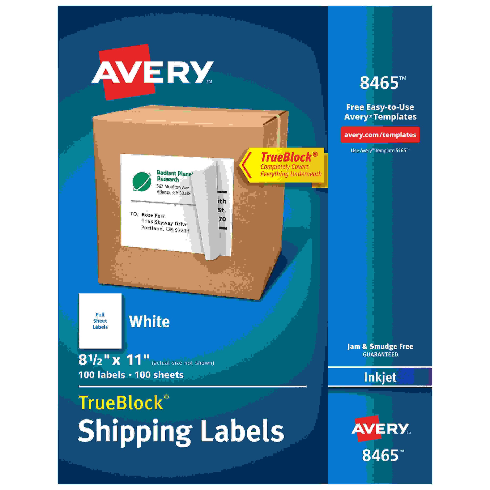 Avery TrueBlock Shipping Label - 8 1/2" Width x 11" Length - Permanent Adhesive - Inkjet - White - Paper - 1 / Sheet - 100 