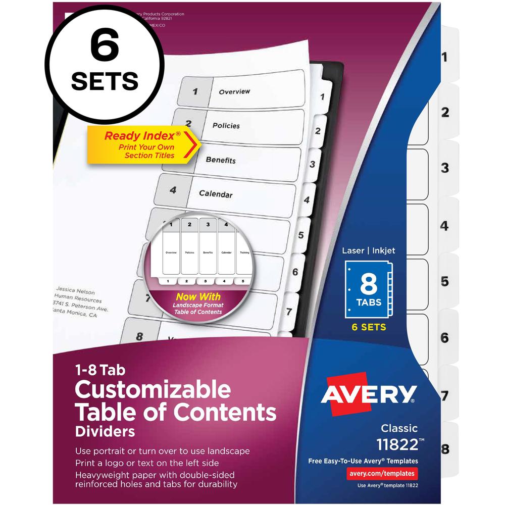 Avery 8-tab Custom Table of Contents Dividers - 48 x Divider(s) - 1-8, Table of Contents - 8 Tab(s)/Set - 8.5" Divider Widt
