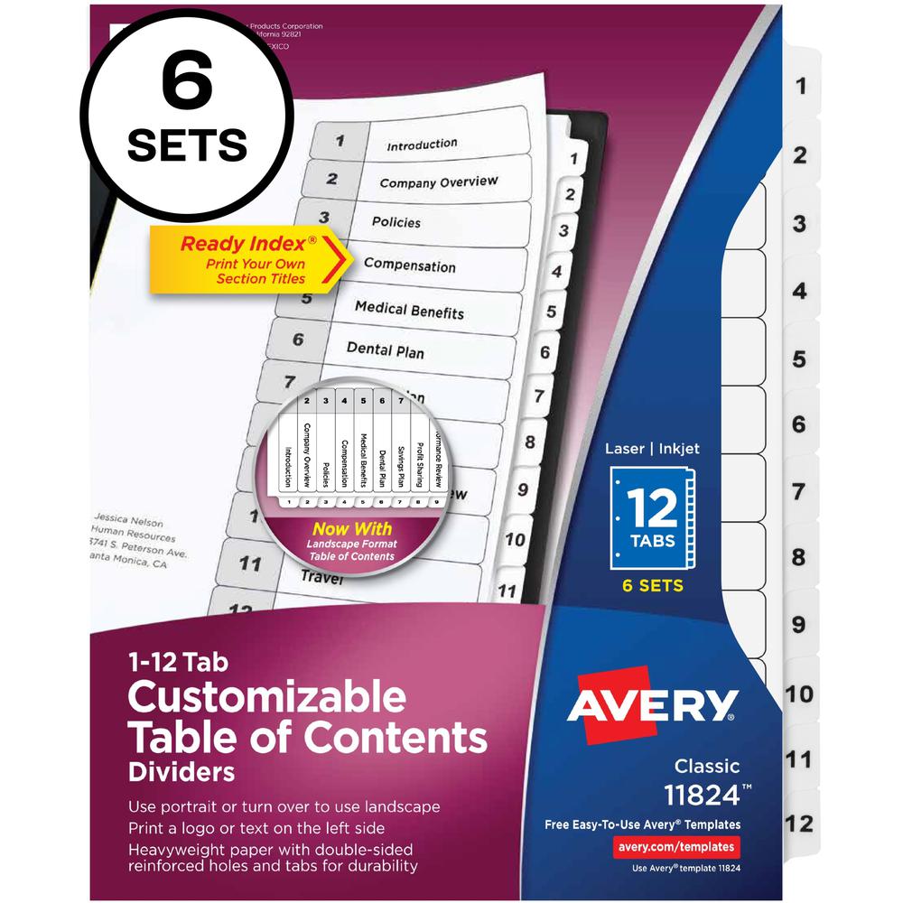 Avery Ready Index 12-tab Custom TOC Dividers - 72 x Divider(s) - 1-12, Table of Contents - 12 Tab(s)/Set - 8.5" Divider Wid