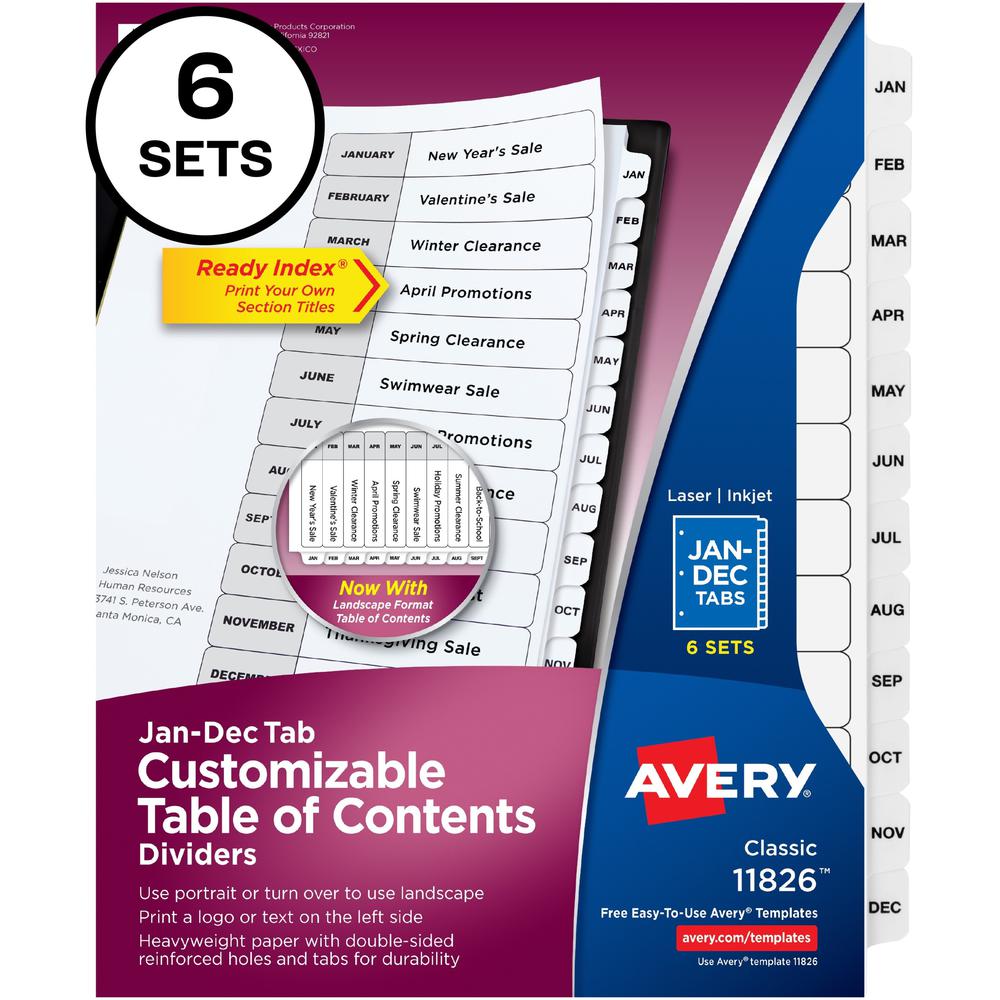 Avery Monthly Tab Table of Contents Dividers - 72 x Divider(s) - Jan-Dec, Table of Contents - 12 Tab(s)/Set - 8.5" Divider 