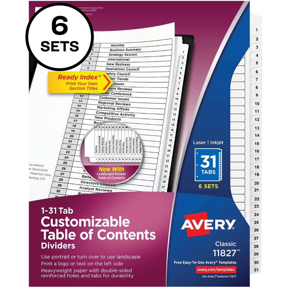 Avery 1-31 Custom Table of Contents Dividers - 186 x Divider(s) - 1-31, Table of Contents - 31 Tab(s)/Set - 8.5" Divider Wi