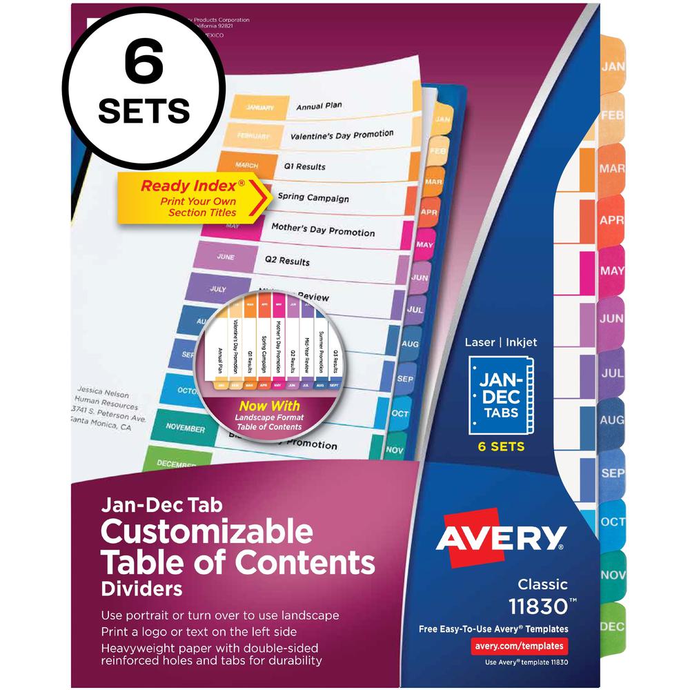 Avery Ready Index 12 Tab Dividers, Customizable TOC, 6 Sets - 72 x Divider(s) - Jan-Dec, Table of Contents - 12 Tab(s)/Set 
