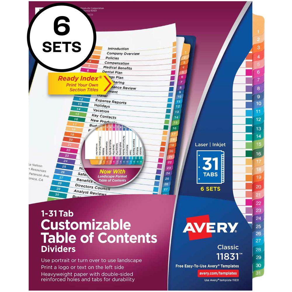 Avery Ready Index 31 Tab Dividers, Customizable TOC, 6 Sets - 186 x Divider(s) - 1-31, Table of Contents - 31 Tab(s)/Set - 