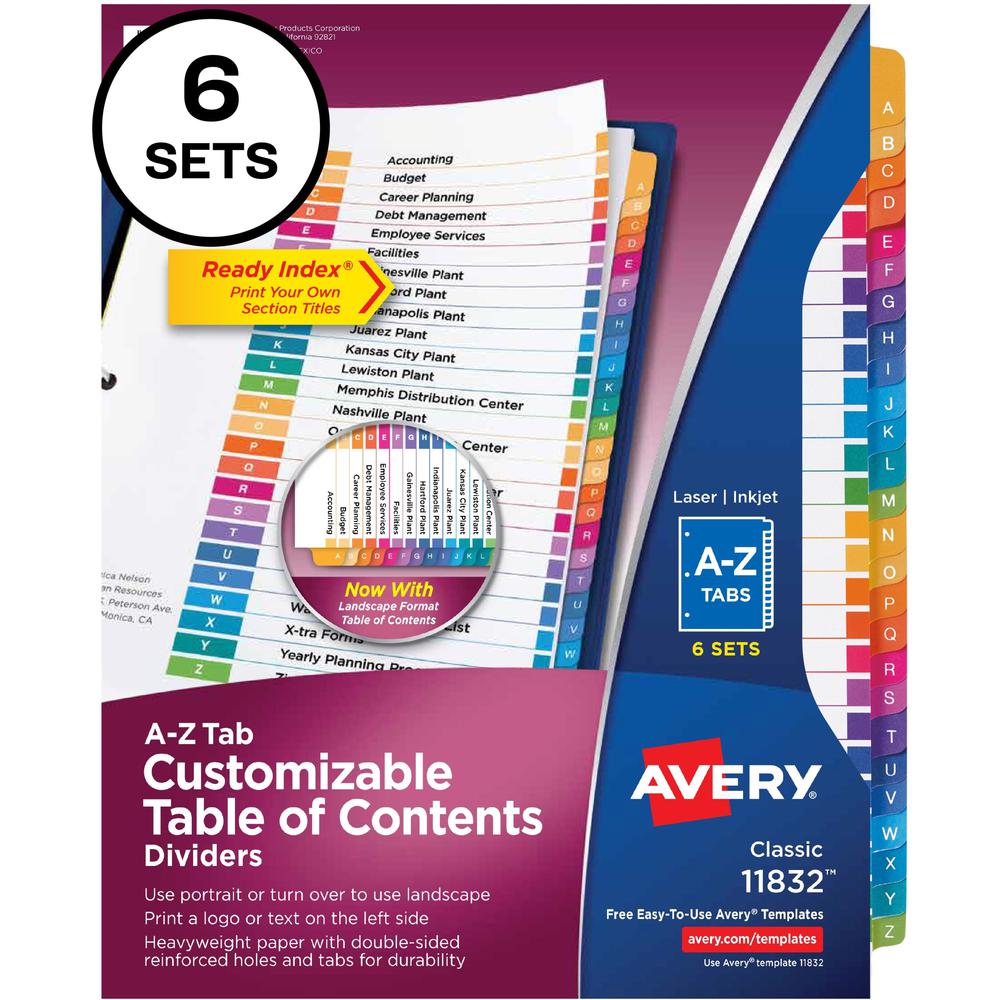 Avery A-Z Customizable Multicolor TOC Dividers - 156 x Divider(s) - A-Z, Table of Contents - 26 Tab(s)/Set - 8.5" Divider W
