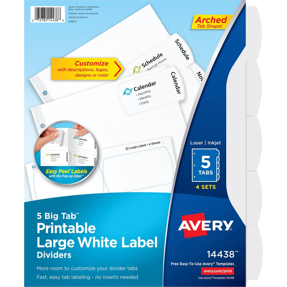 Avery Big Tab Printable Large White Label Dividers - 20 x Divider(s) - 5 - 5 Tab(s)/Set - 8.5" Divider Width x 11" Divider 
