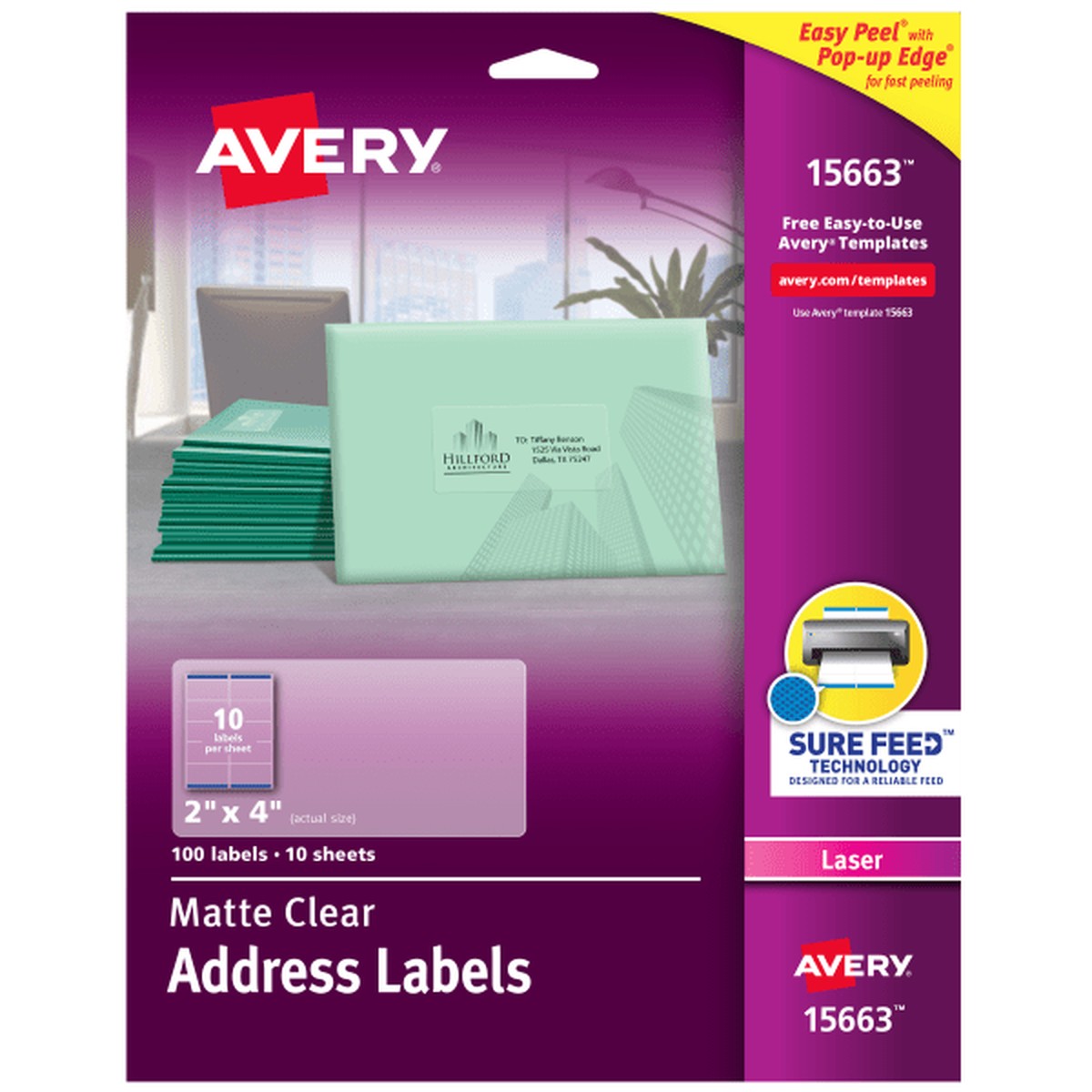 Avery Easy Peel Return Address Labels - 2" Width x 4" Length - Permanent Adhesive - Rectangle - Laser - Clear - Film - 10 /