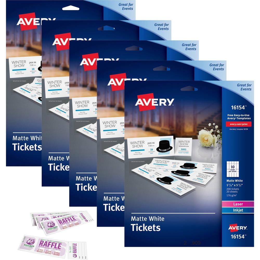 Avery Blank Tickets with Tear-Away Stubs - 1 3/4" x 5 1/2" Length - Laser, Inkjet - Matte White - 20 / Sheet - 1000 / Carto