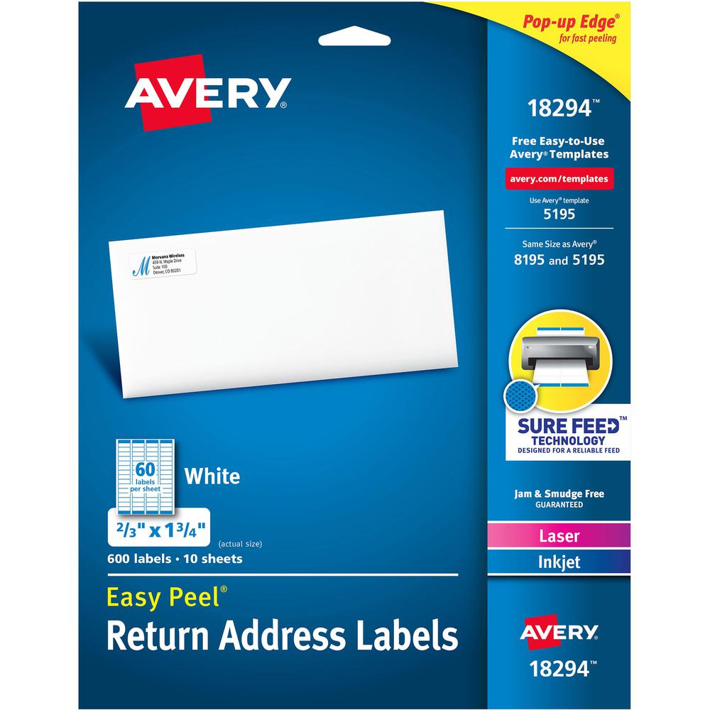 Avery Easy Peal Sure Feed Address Labels - Permanent Adhesive - Rectangle - Laser, Inkjet - White - Paper - 60 / Sheet - 50