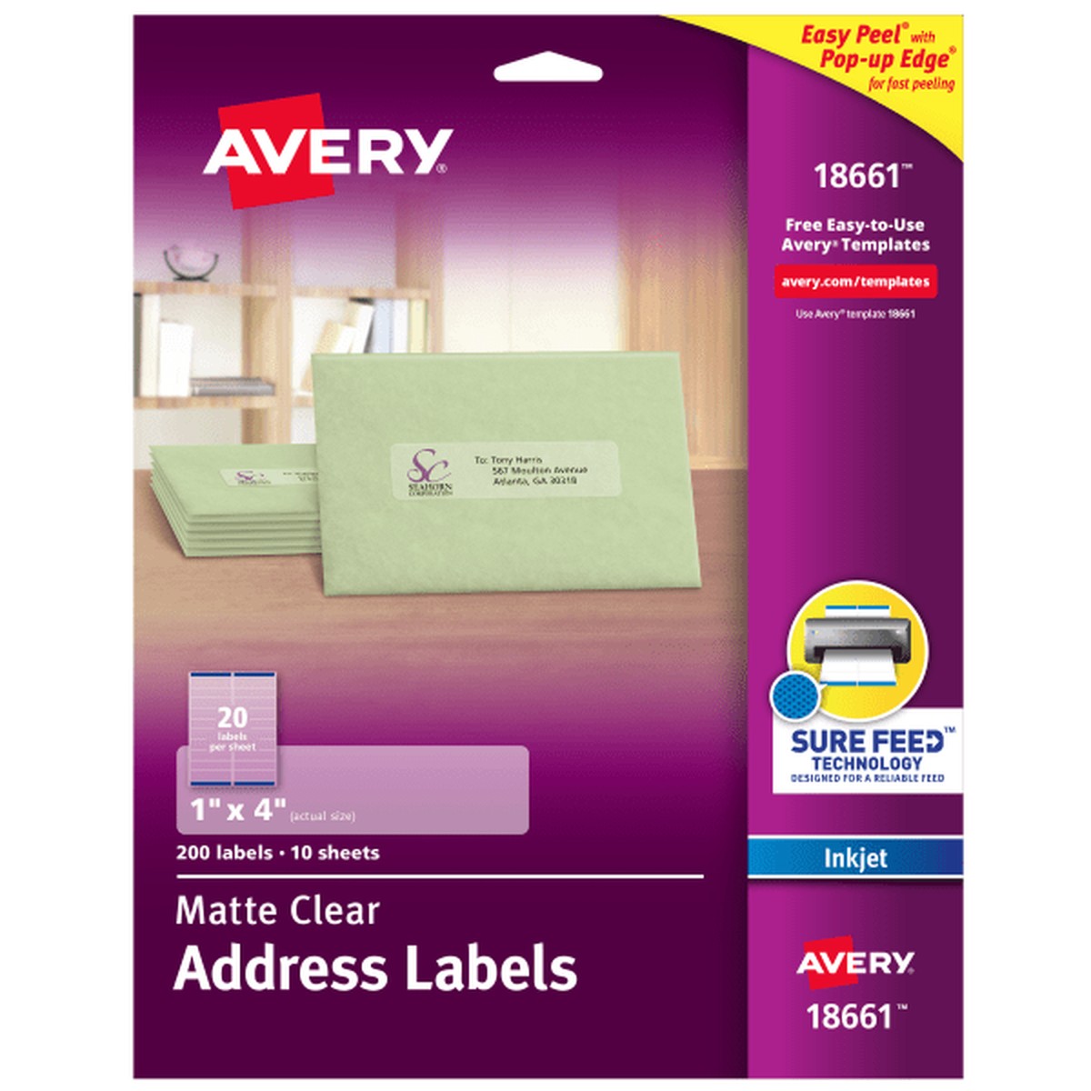 Avery Easy Peel Inkjet Printer Mailing Labels - 1" Width x 4" Length - Permanent Adhesive - Rectangle - Inkjet - Clear - Fi