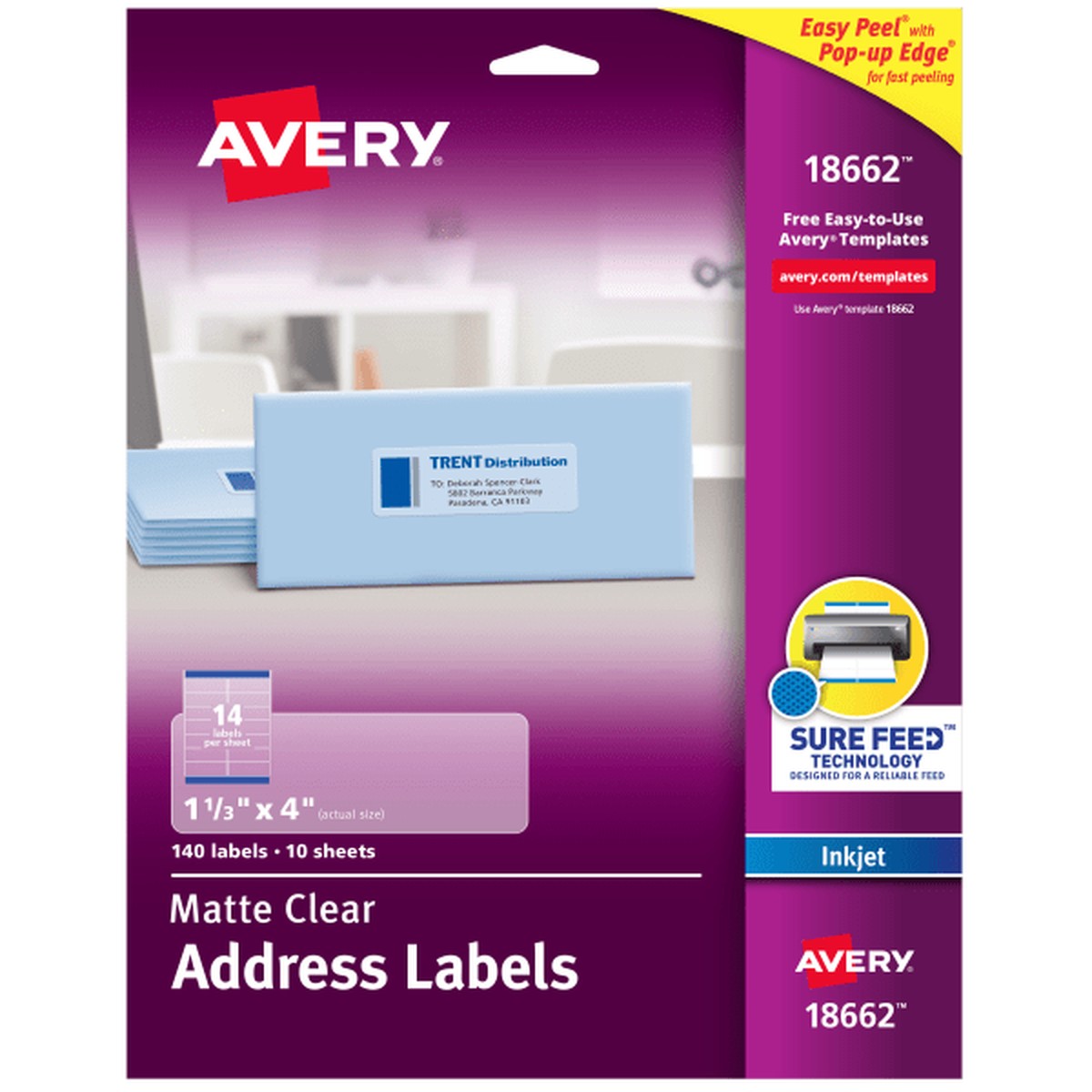 Avery Easy Peel Inkjet Printer Mailing Labels - 1 21/64" Width x 4" Length - Permanent Adhesive - Rectangle - Inkjet - Clea