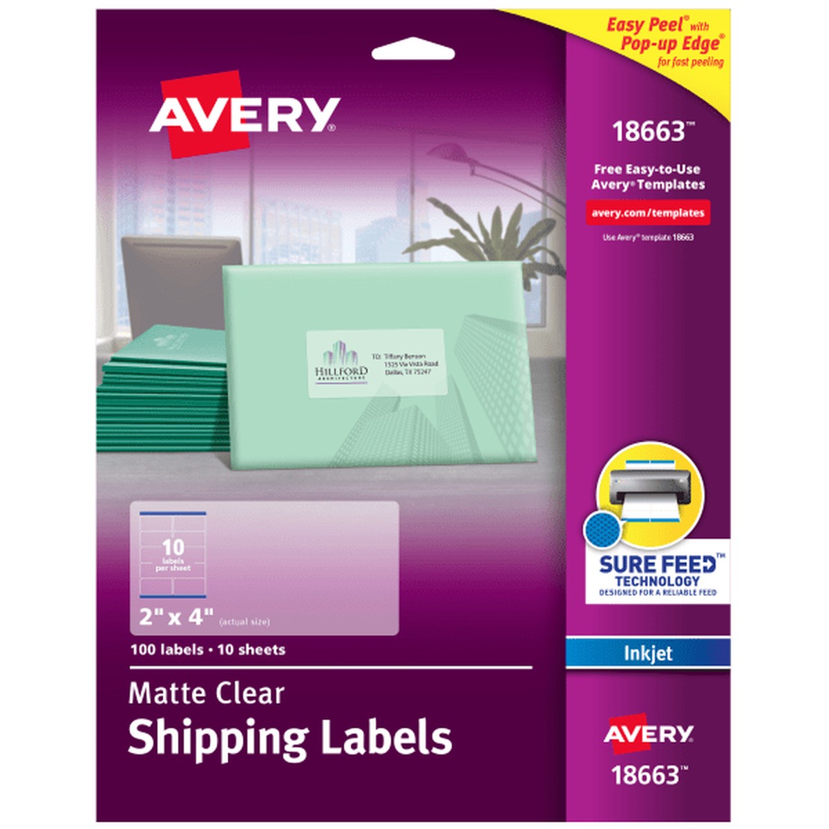 Avery Easy Peel Inkjet Printer Mailing Labels - 2" Width x 4" Length - Permanent Adhesive - Rectangle - Inkjet - Clear - Fi